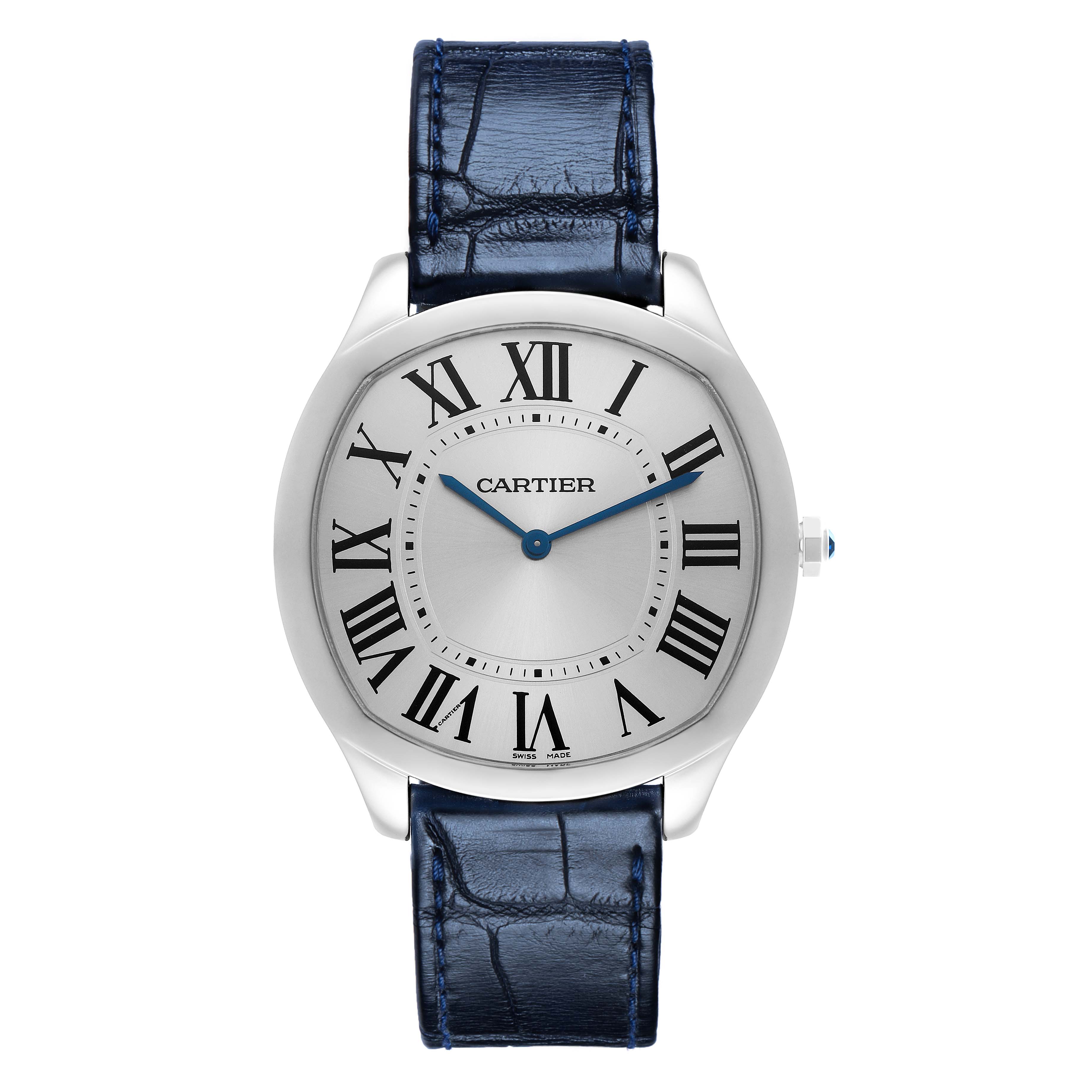 The Drive de Cartier watch is shown from a front view, displaying the dial, Roman numerals, hands, and a blue leather strap.