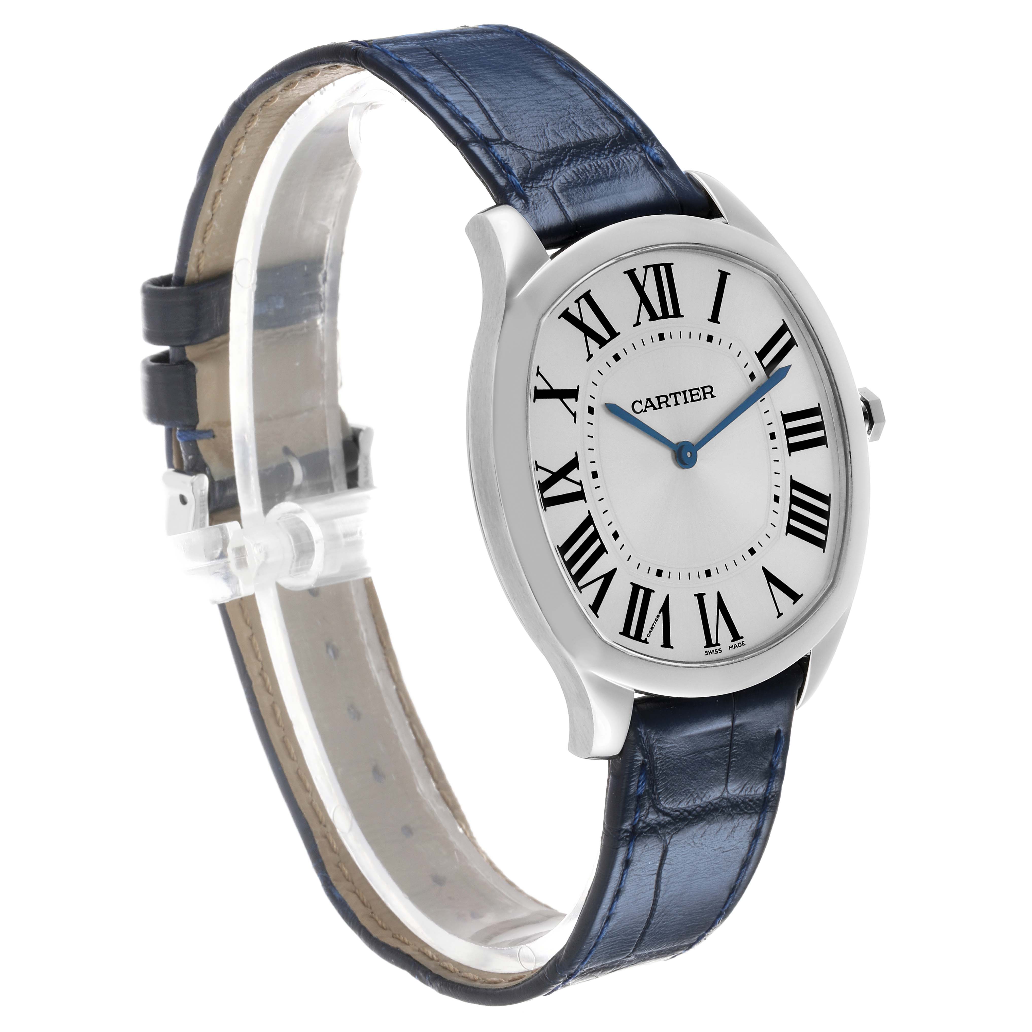 The Drive de Cartier watch is shown at a three-quarter angle, displaying the dial, case, strap, and crown.