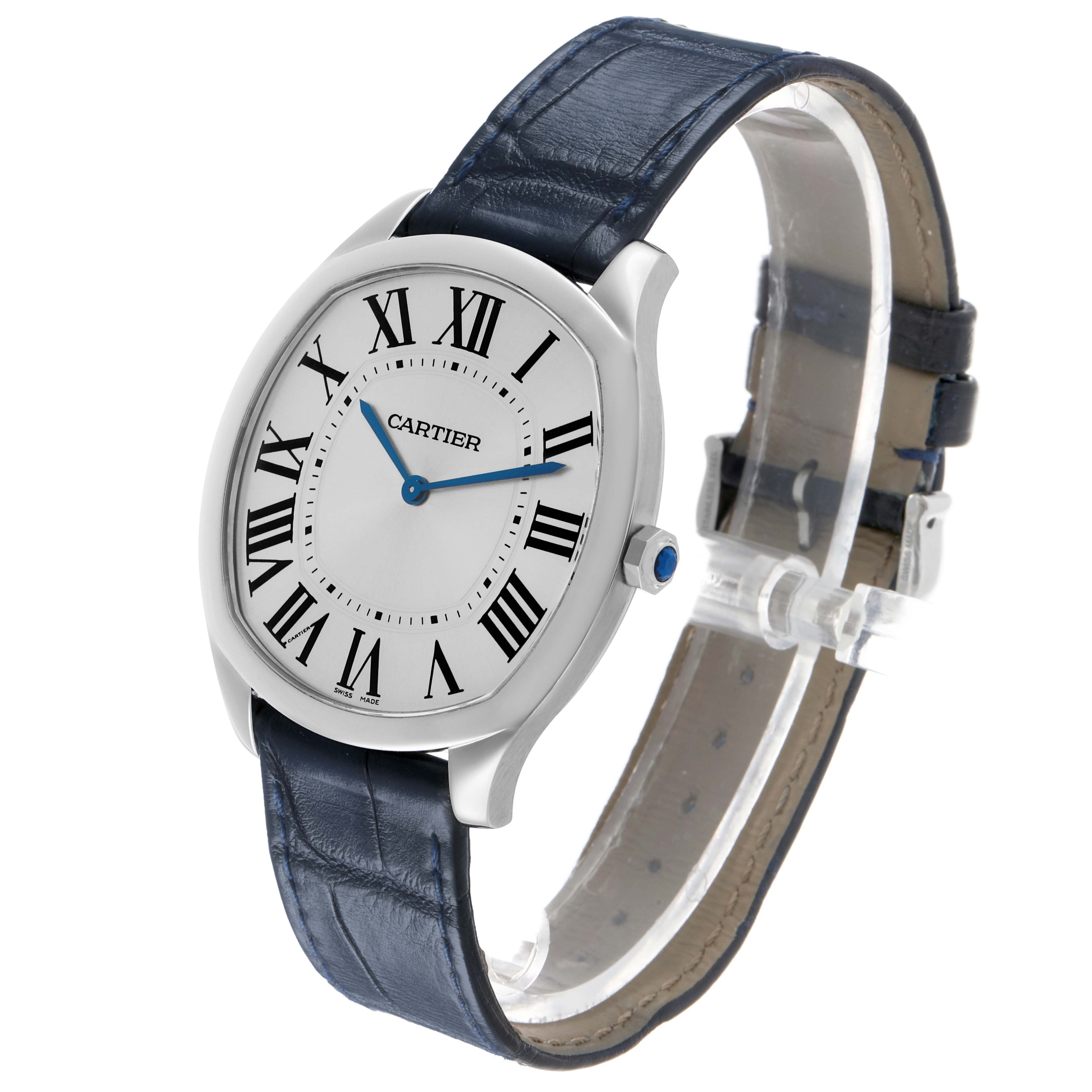 The Drive de Cartier watch is shown angled from the front and side, highlighting the dial, blue leather strap, and crown.