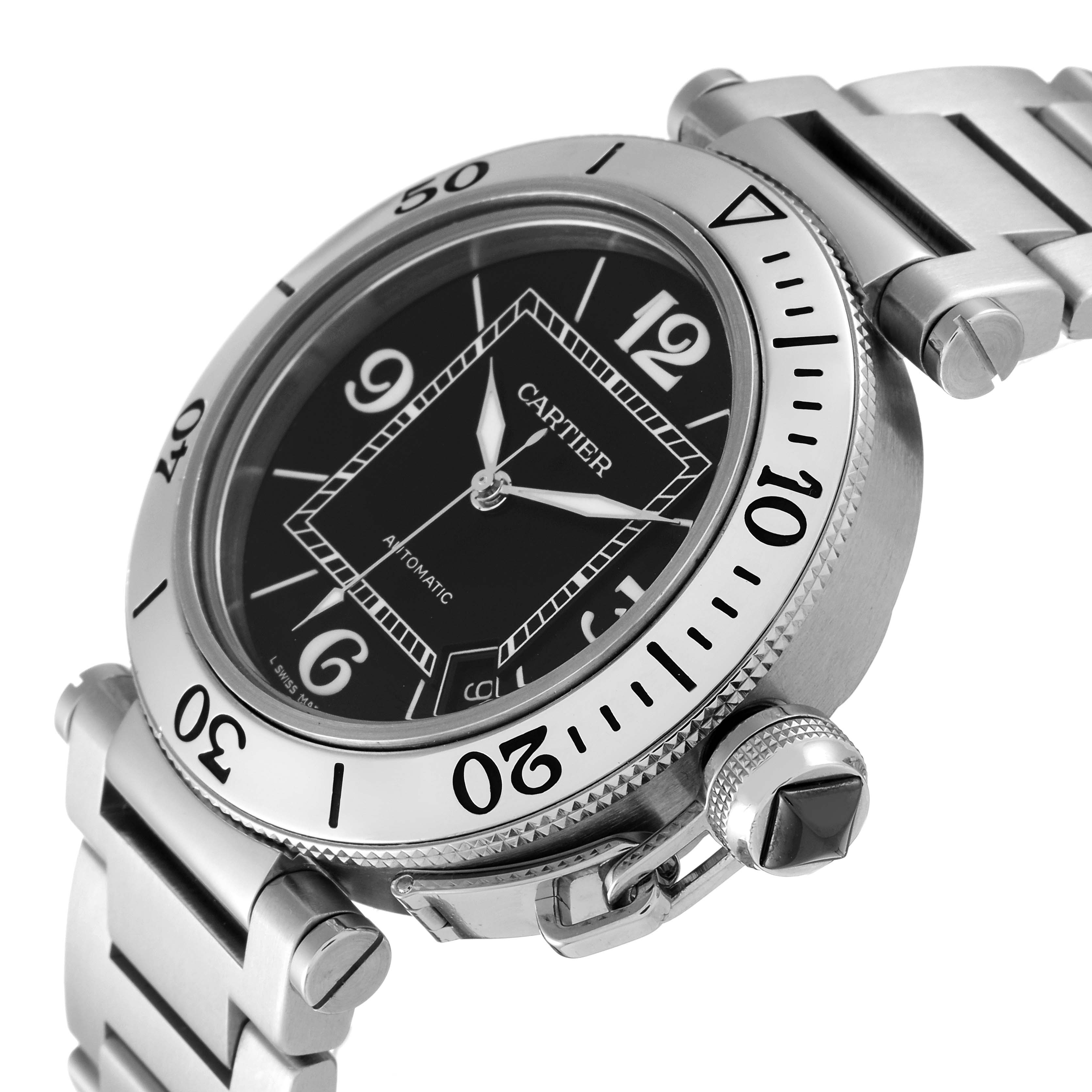 The image shows a side angle of a Cartier Pasha W31077M7 Men's Stainless Steel Black Dial W31077M7 Men's Stainless Steel Black Dial watch, displaying the bezel, dial, case, crown, and part of the bracelet.
