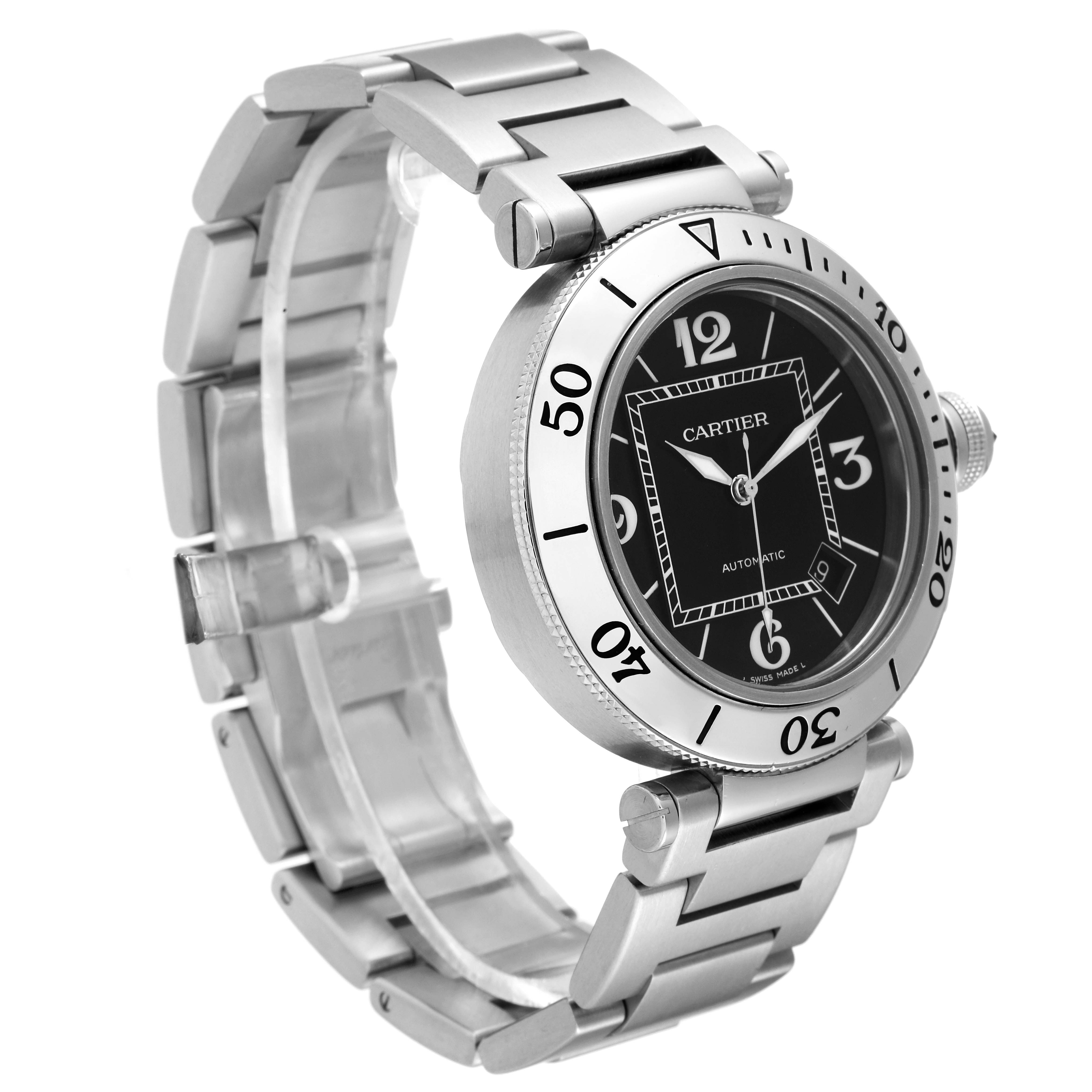 This image shows a Cartier Pasha W31077M7 Men's Stainless Steel Black Dial W31077M7 Men's Stainless Steel Black Dial model watch from a side angle, displaying its face, bezel, and metal bracelet.