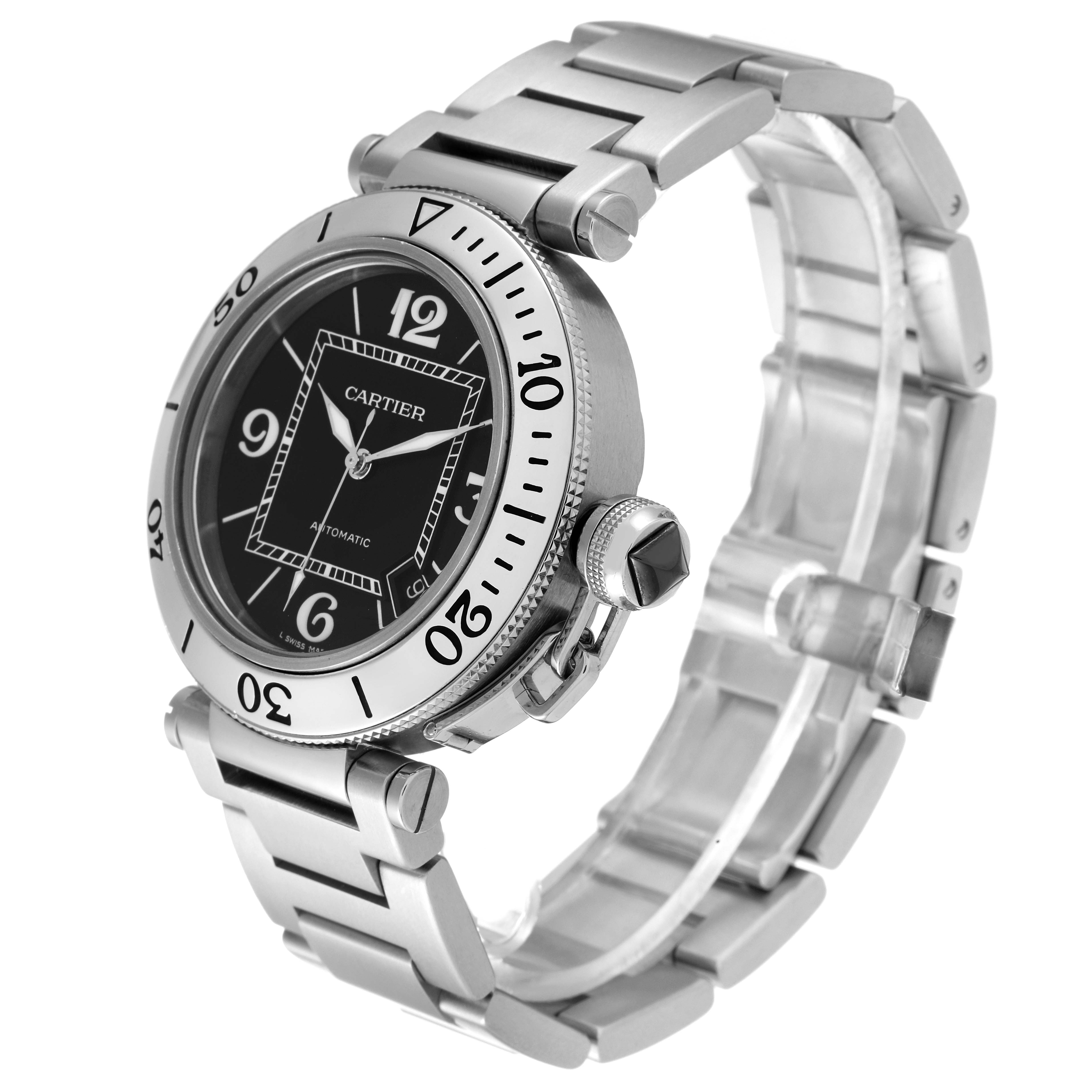 The image shows a Cartier Pasha W31077M7 Men's Stainless Steel Black Dial W31077M7 Men's Stainless Steel Black Dial watch at a three-quarter angle, highlighting the dial, bezel, crown, and metal bracelet.