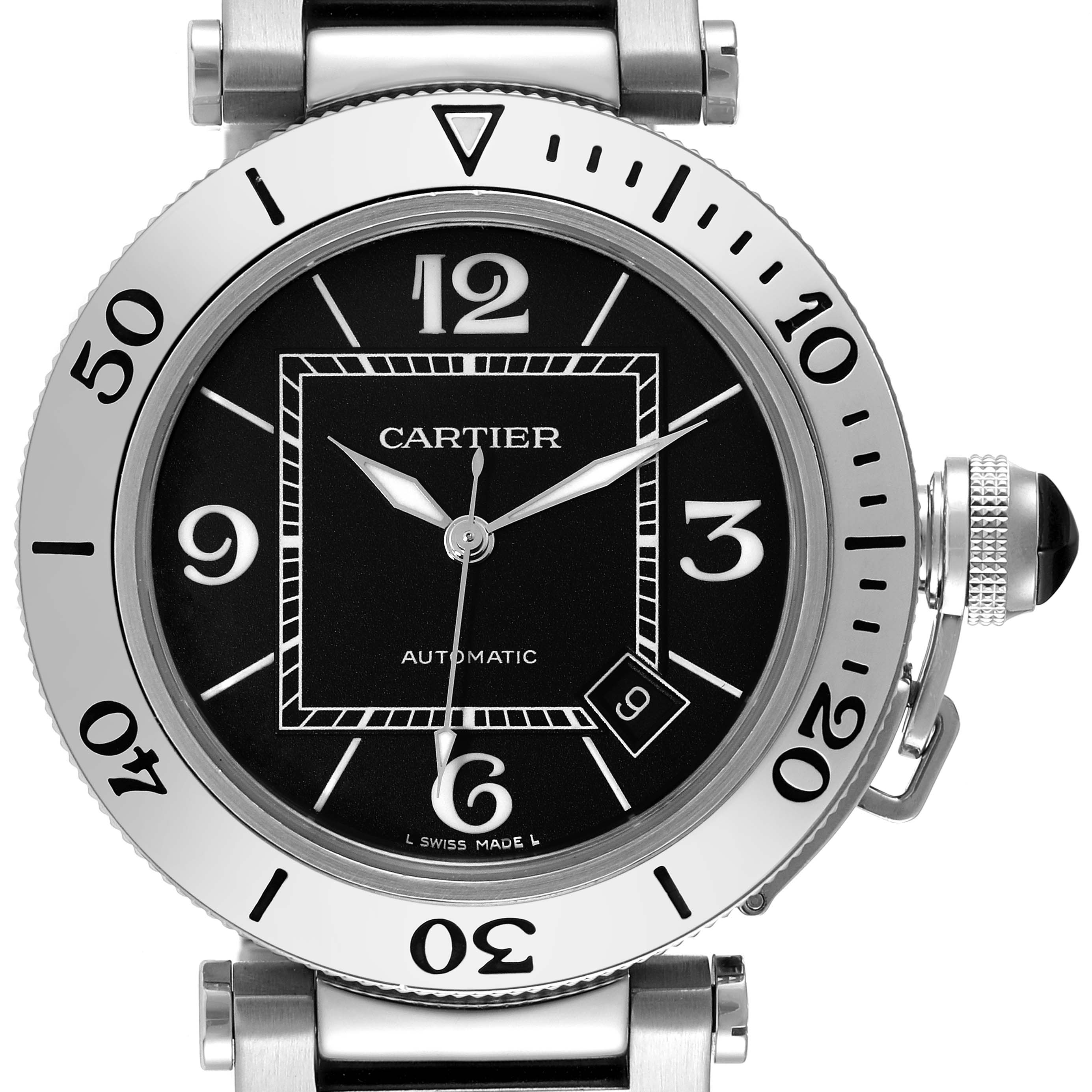 The image shows a front view of a Cartier Pasha W31077M7 Men's Stainless Steel Black Dial W31077M7 Men's Stainless Steel Black Dial model watch, highlighting the dial, bezel, and crown.