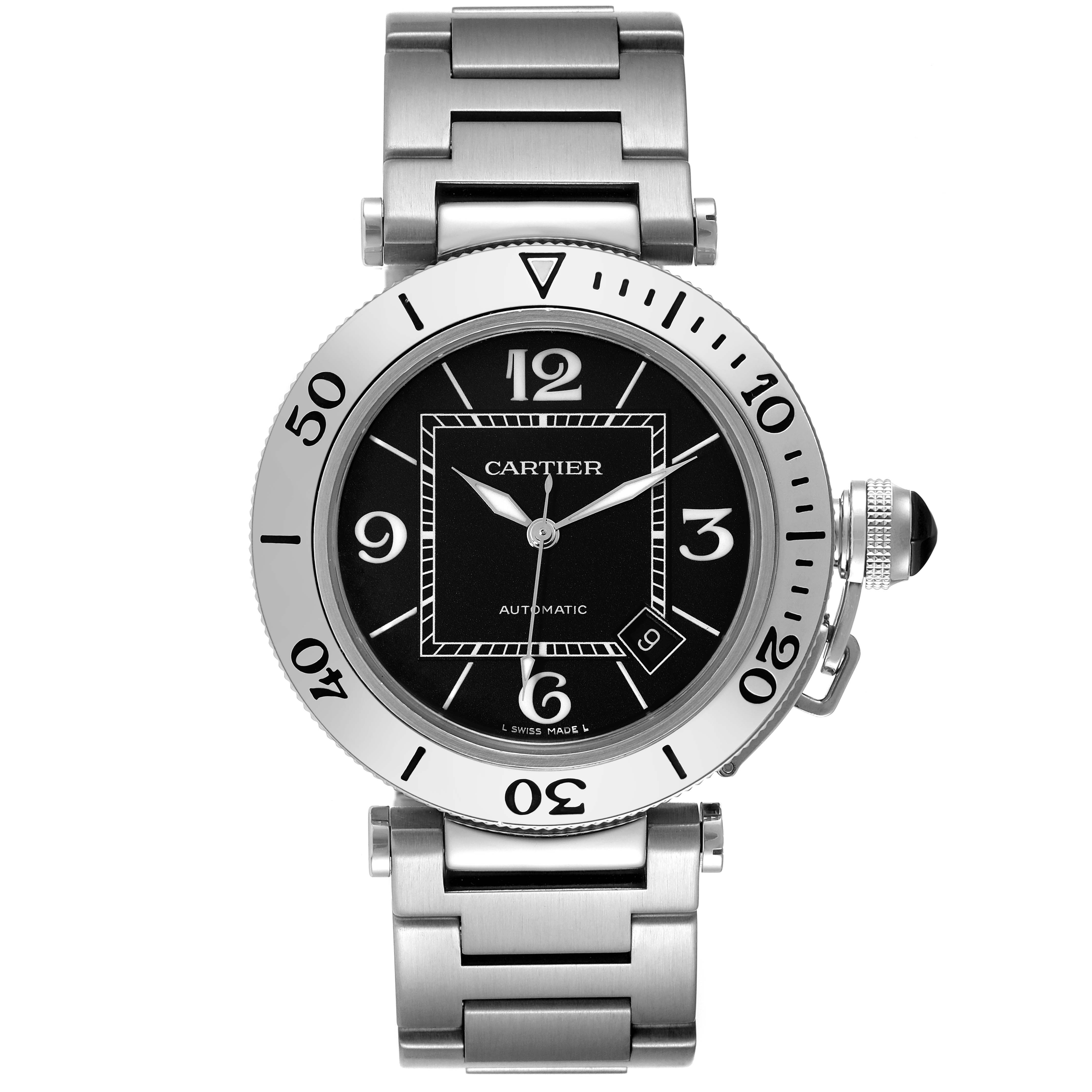 The image shows a frontal view of the Cartier Pasha W31077M7 Men's Stainless Steel Black Dial W31077M7 Men's Stainless Steel Black Dial model watch with its stainless steel bracelet and black dial.