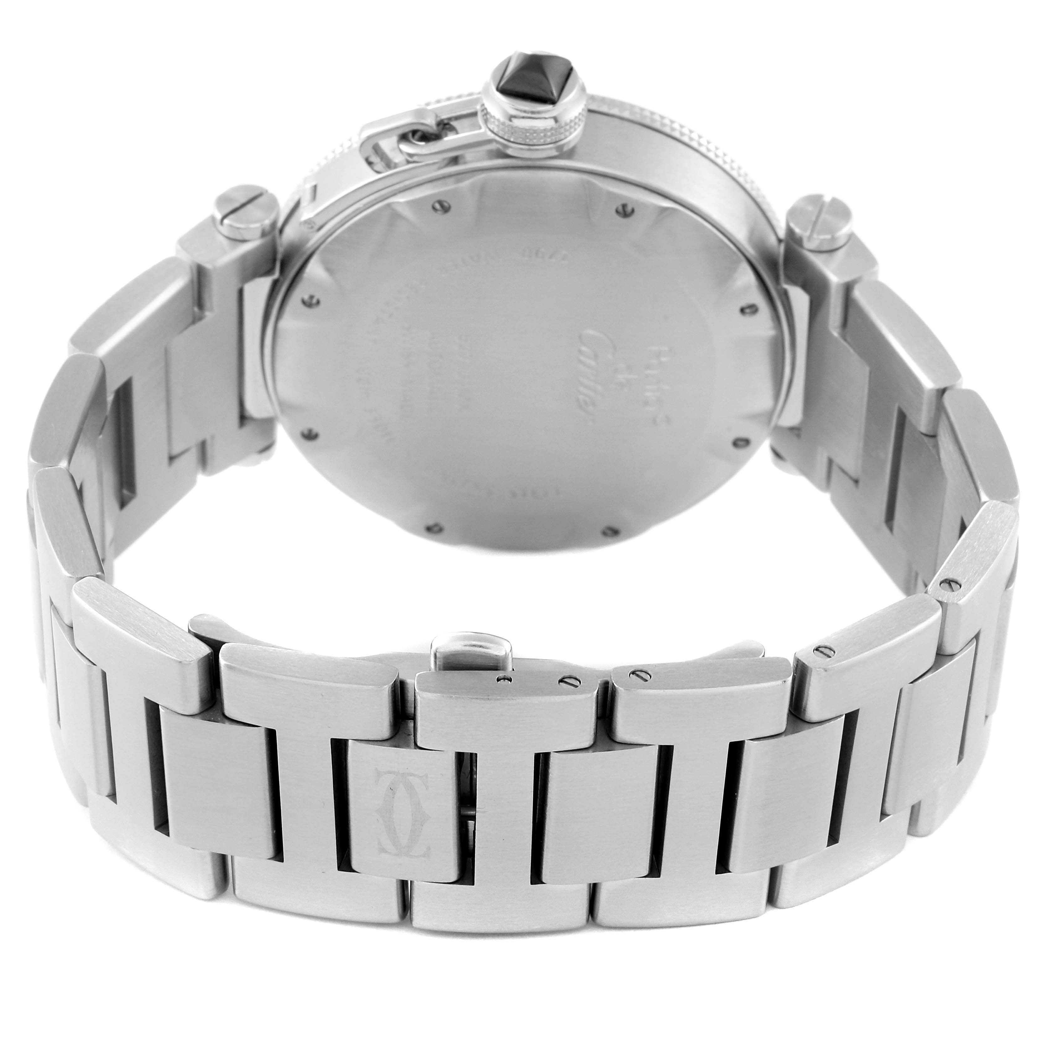 The image shows the back and bracelet of a Cartier Pasha W31077M7 Men's Stainless Steel Black Dial W31077M7 Men's Stainless Steel Black Dial watch from a rear view angle.