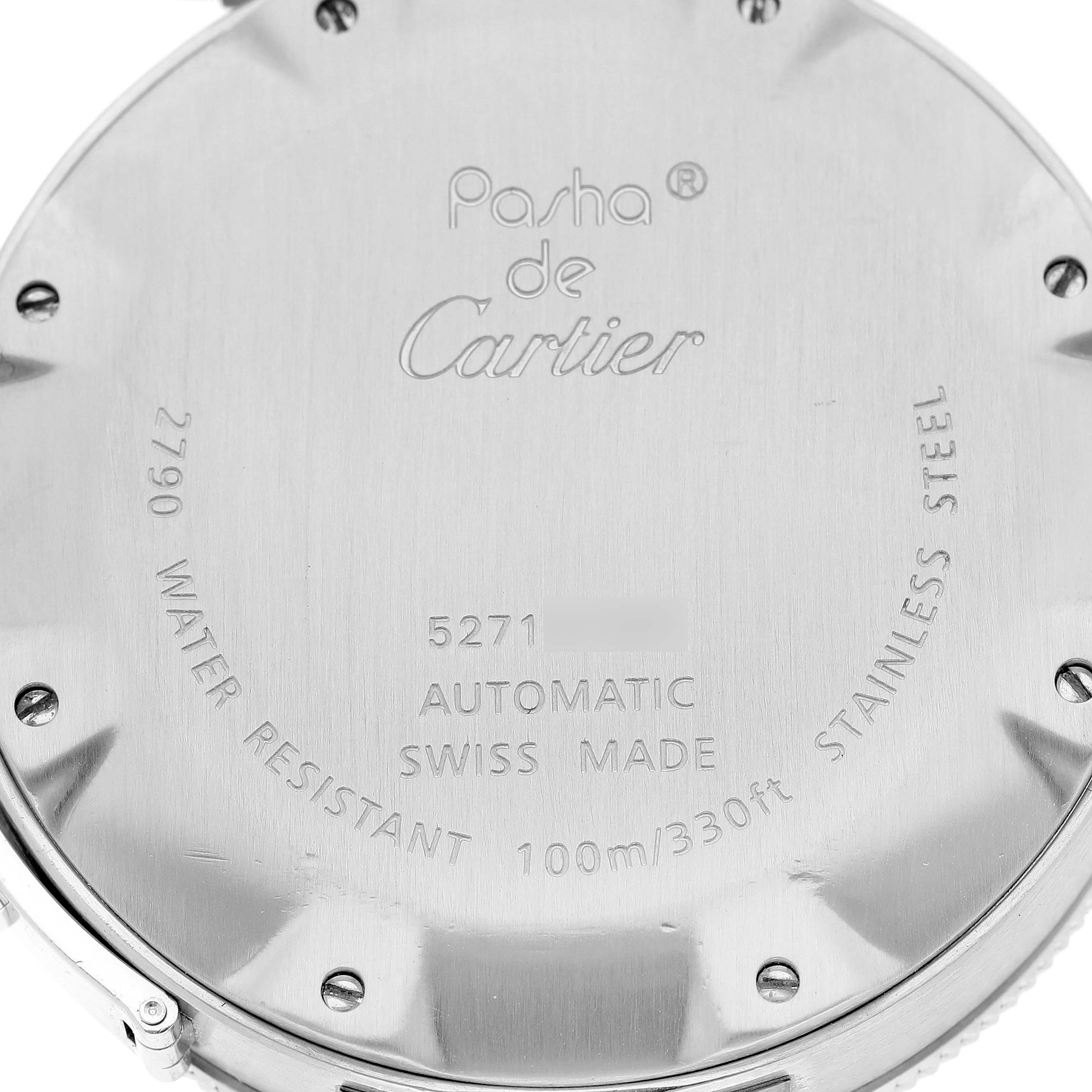 This image shows the back case of the Cartier Pasha W31077M7 Men's Stainless Steel Black Dial W31077M7 Men's Stainless Steel Black Dial watch, displaying specifications and branding.