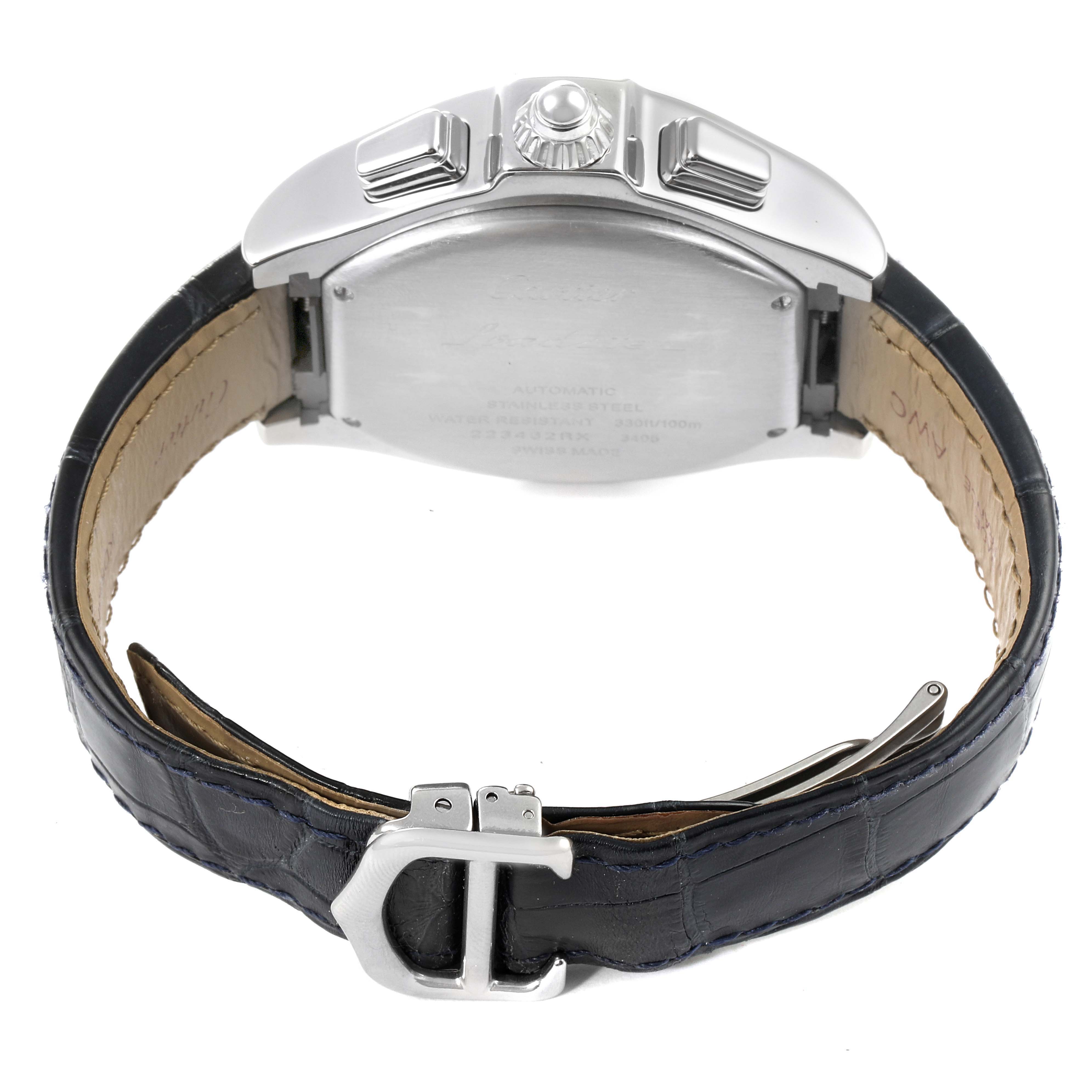 The image shows the back of a Cartier Roadster W6206019 Men
s Stainless Steel Silver Dial W6206019 Men
s Stainless Steel Silver Dial watch, highlighting the clasp, strap, and case back.