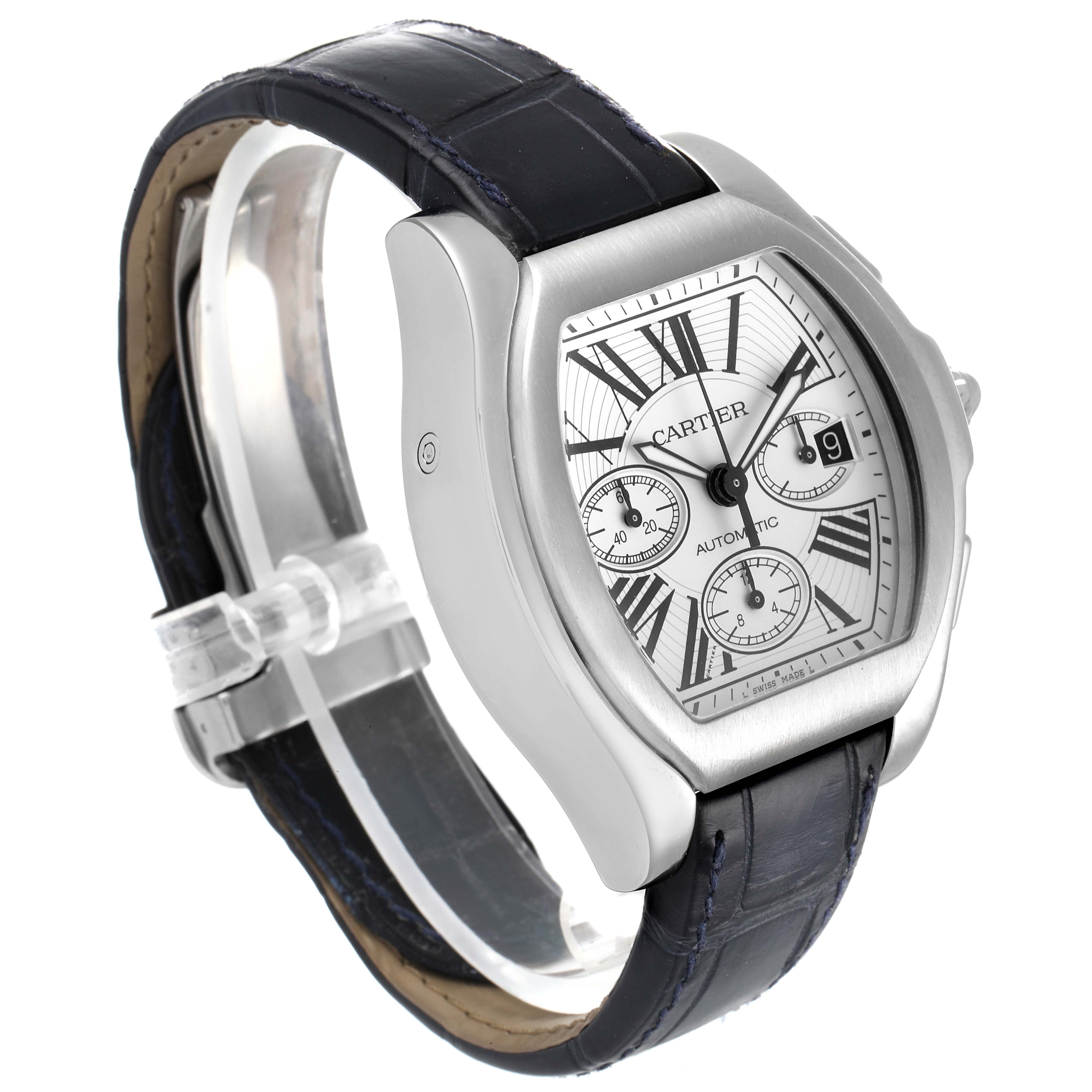 The image shows a side and partial front view of the Cartier Roadster W6206019 Men
s Stainless Steel Silver Dial W6206019 Men
s Stainless Steel Silver Dial model watch with a black leather strap.