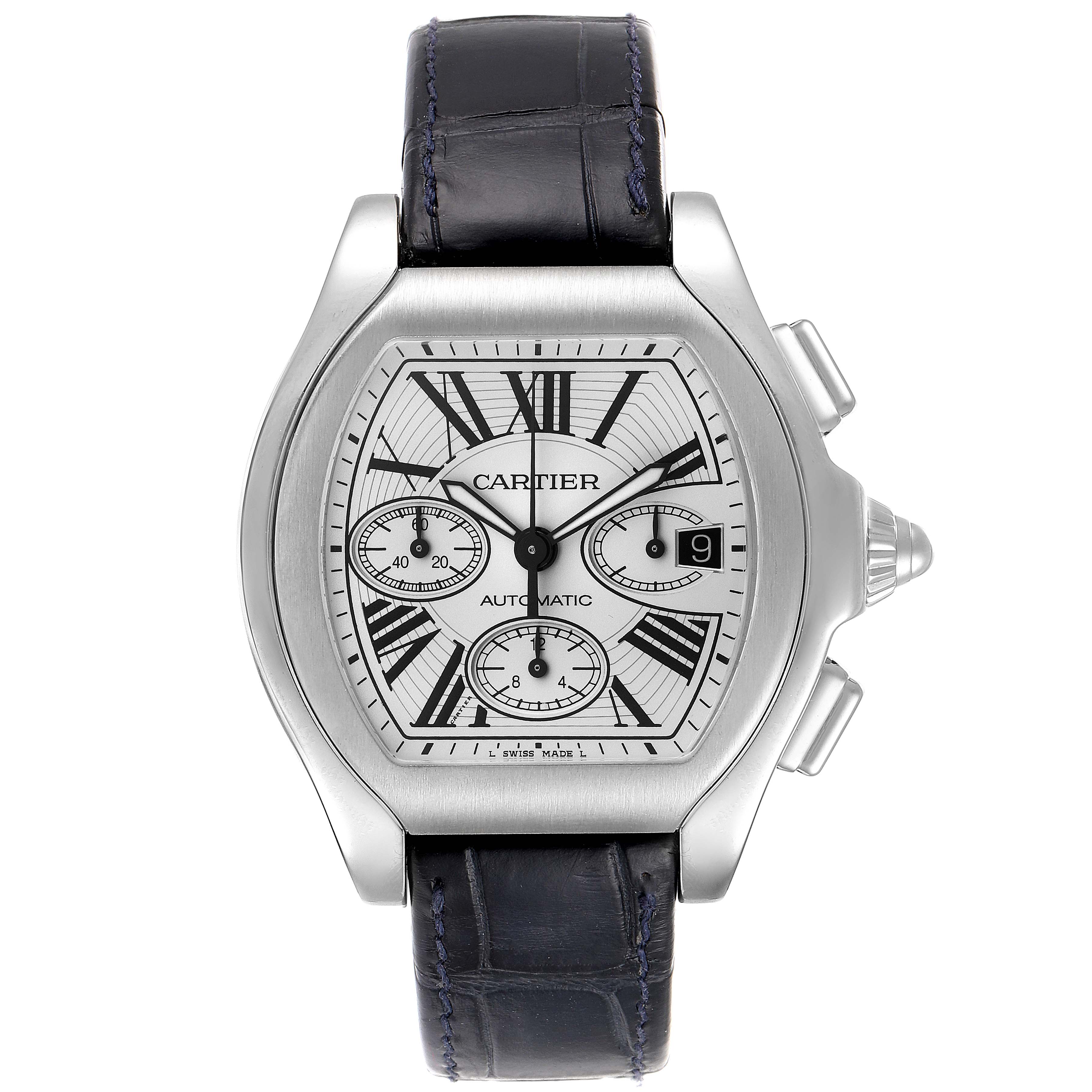 The image shows a front view of the Cartier Roadster W6206019 Men
s Stainless Steel Silver Dial W6206019 Men
s Stainless Steel Silver Dial watch with its face, dial, and strap clearly visible.