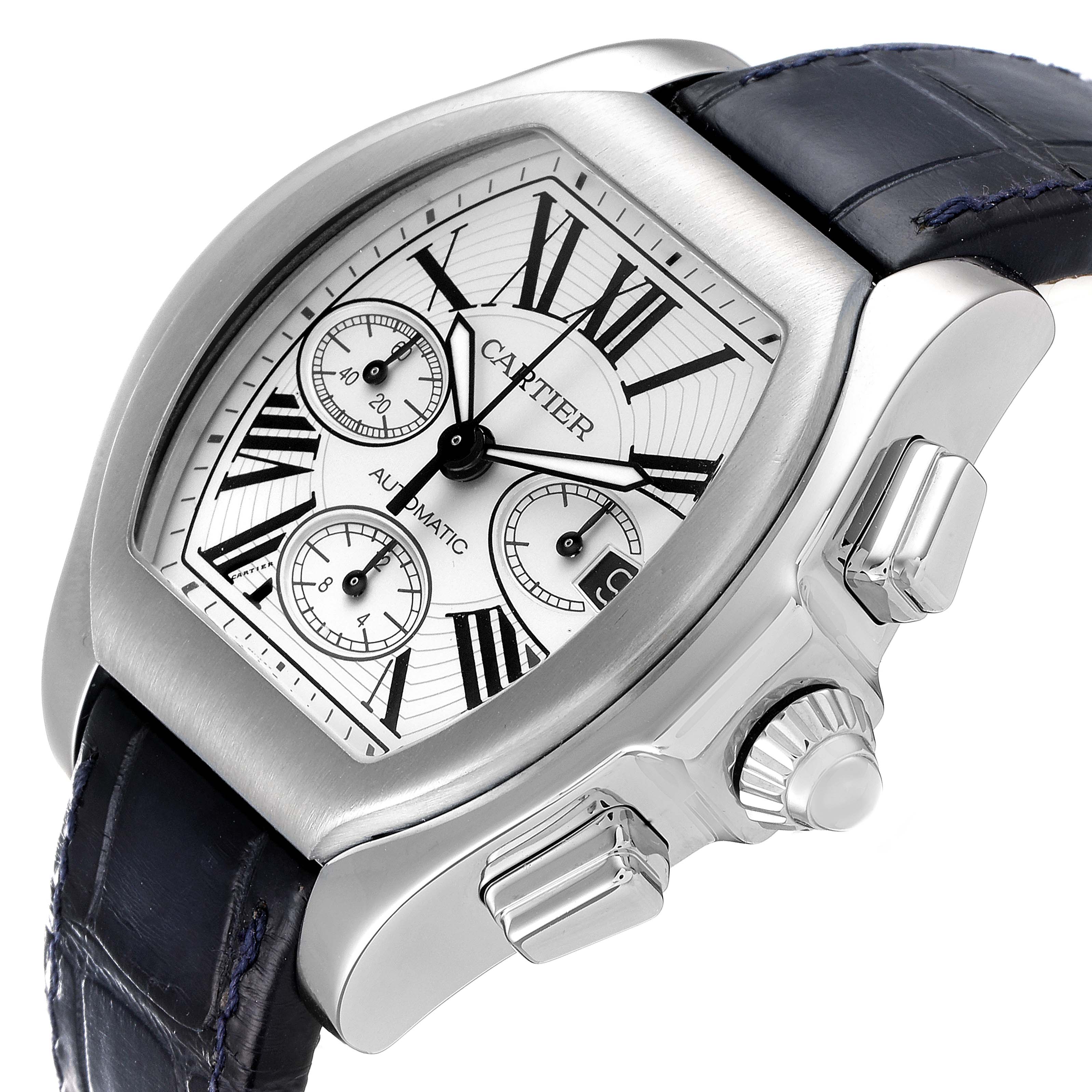 The image shows a side angle view of a Cartier Roadster W6206019 Men
s Stainless Steel Silver Dial W6206019 Men
s Stainless Steel Silver Dial watch, highlighting the crown, pushers, and part of the leather strap.