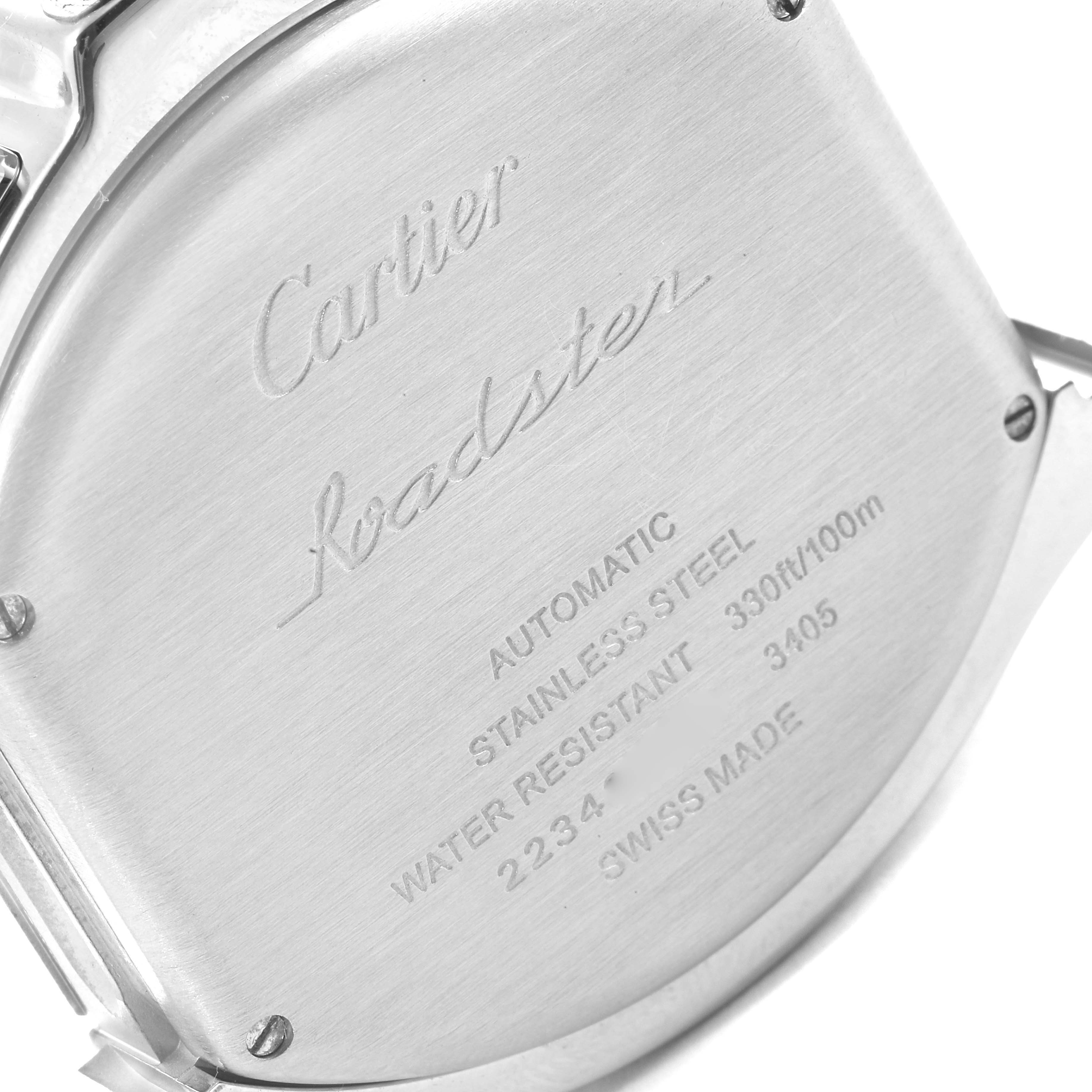 The image shows the back case of the Cartier Roadster W6206019 Men
s Stainless Steel Silver Dial W6206019 Men
s Stainless Steel Silver Dial watch, highlighting its engravings and specifications.