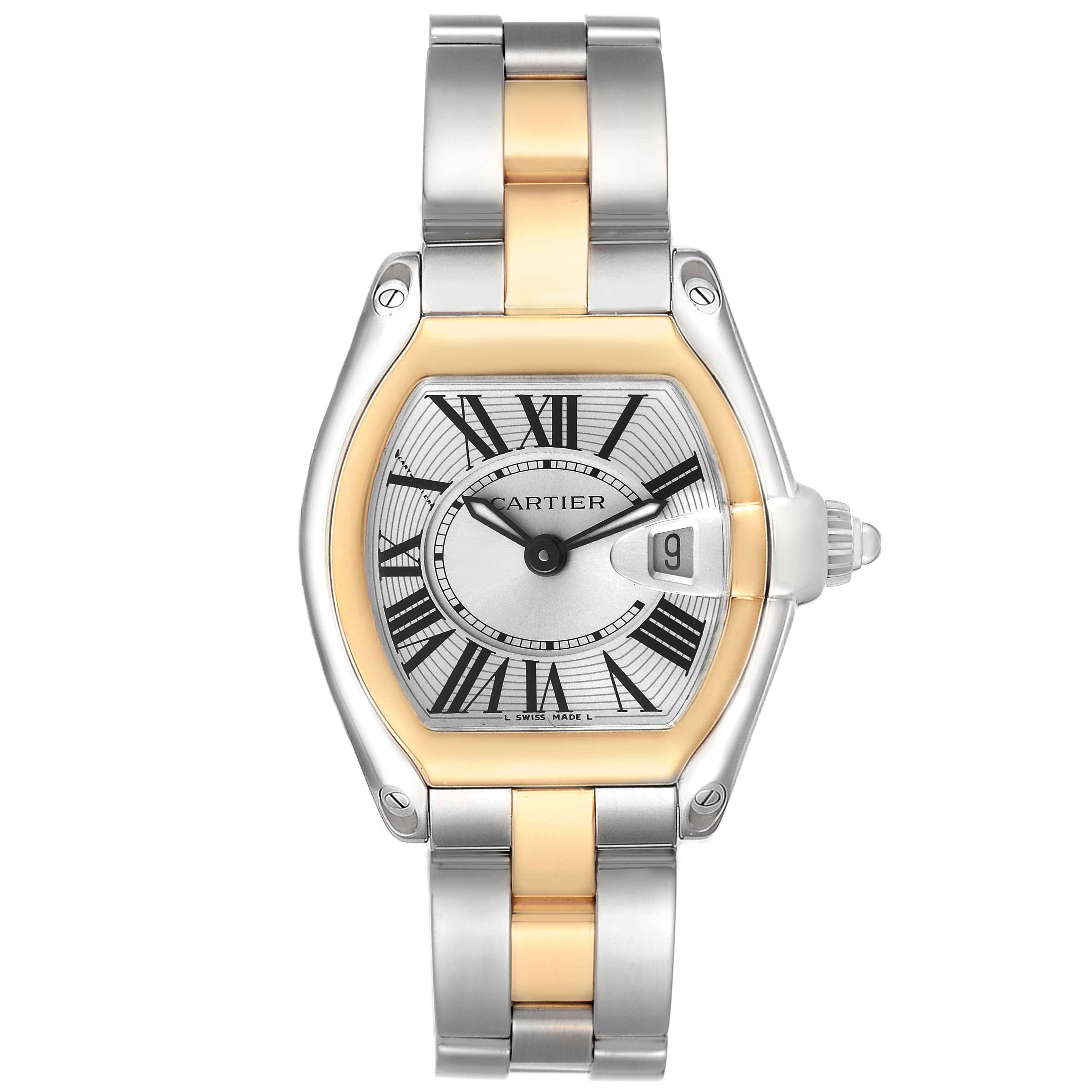 The Cartier Roadster W62026Y4 Women's Steel and Gold (two tone) Silver Dial watch is shown from a top-down angle, highlighting its face, case, and mixed-metal bracelet.