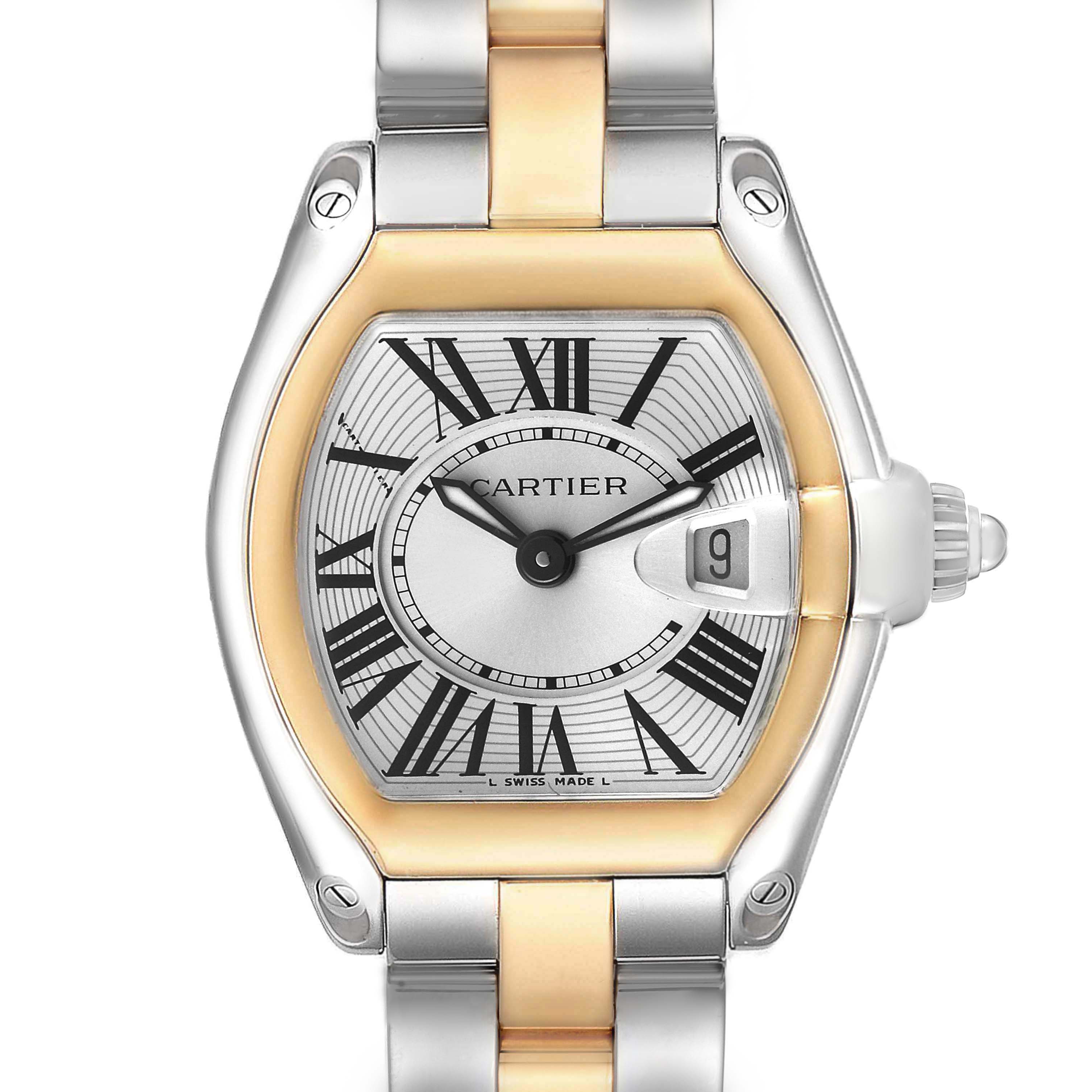 The Cartier Roadster W62026Y4 Women's Steel and Gold (two tone) Silver Dial watch is shown from the front, featuring its dial, bezel, and part of the bracelet.
