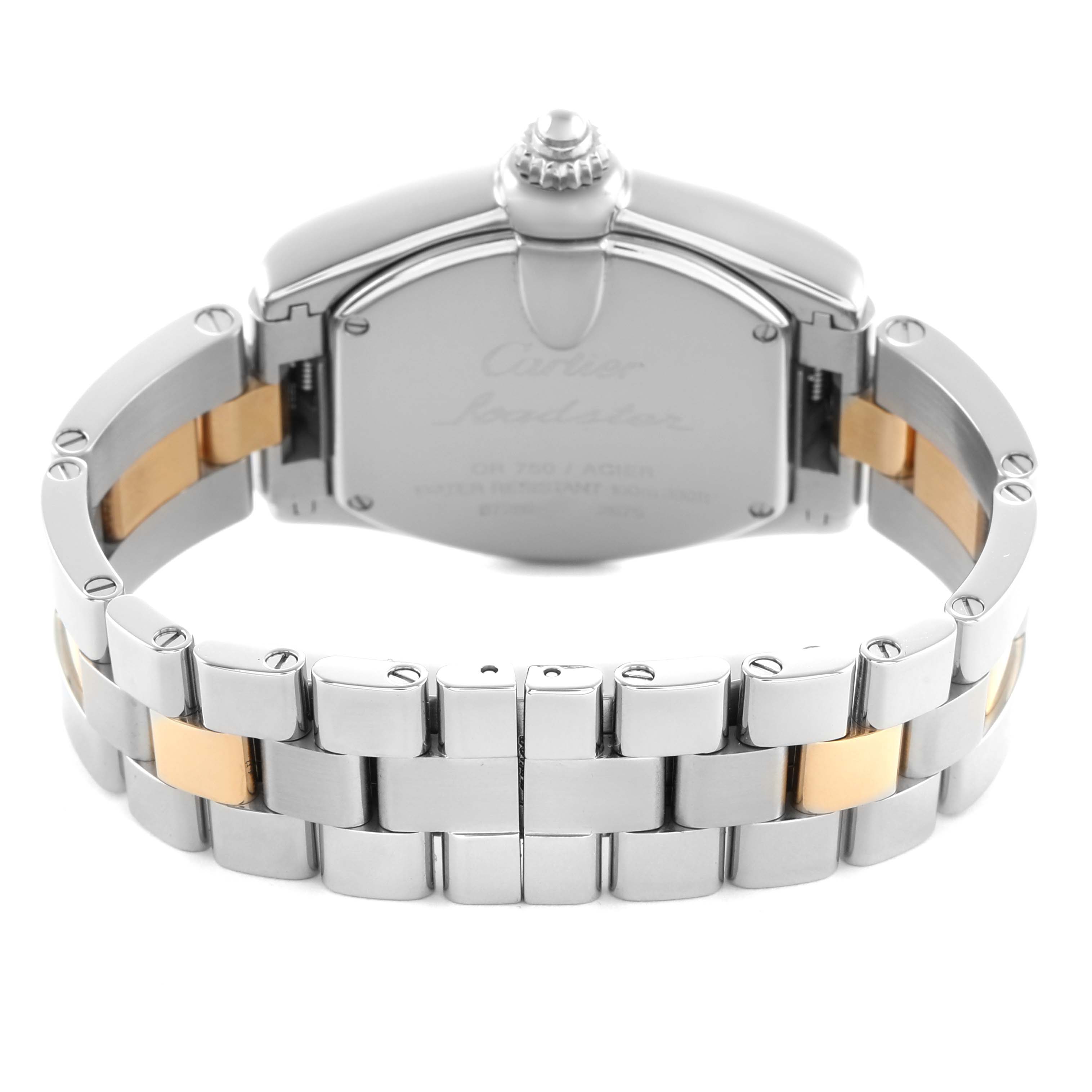 The image shows the back view of a Cartier Roadster W62026Y4 Women's Steel and Gold (two tone) Silver Dial watch, highlighting the case back and two-tone bracelet.