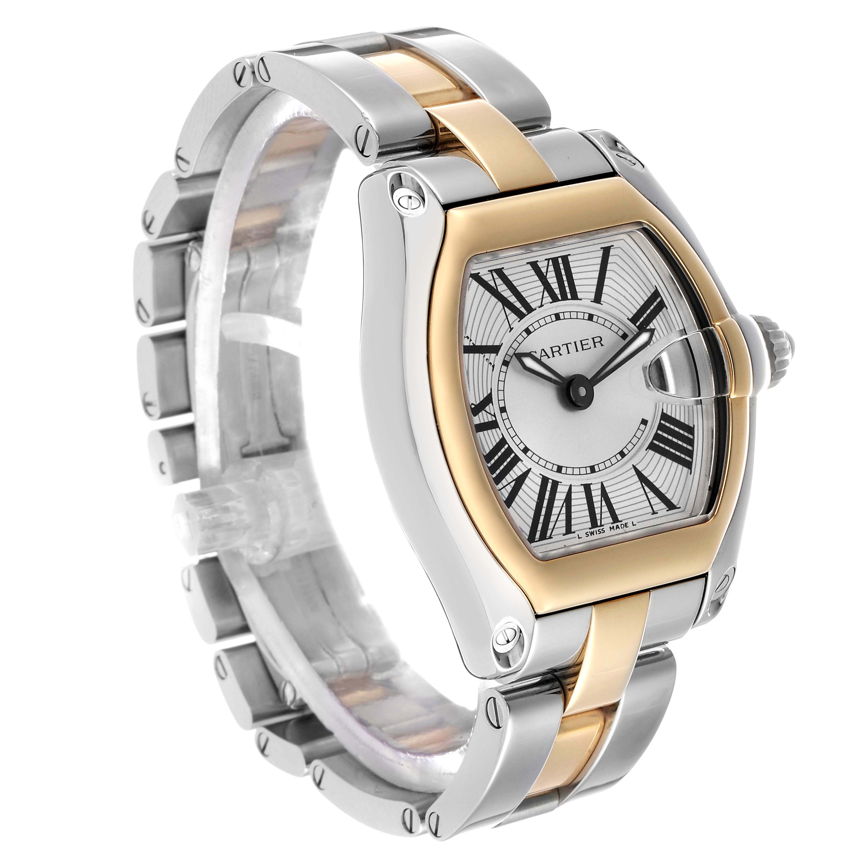 The Cartier Roadster W62026Y4 Women's Steel and Gold (two tone) Silver Dial watch is shown at a three-quarter angle, highlighting its case, dial, and metal bracelet.