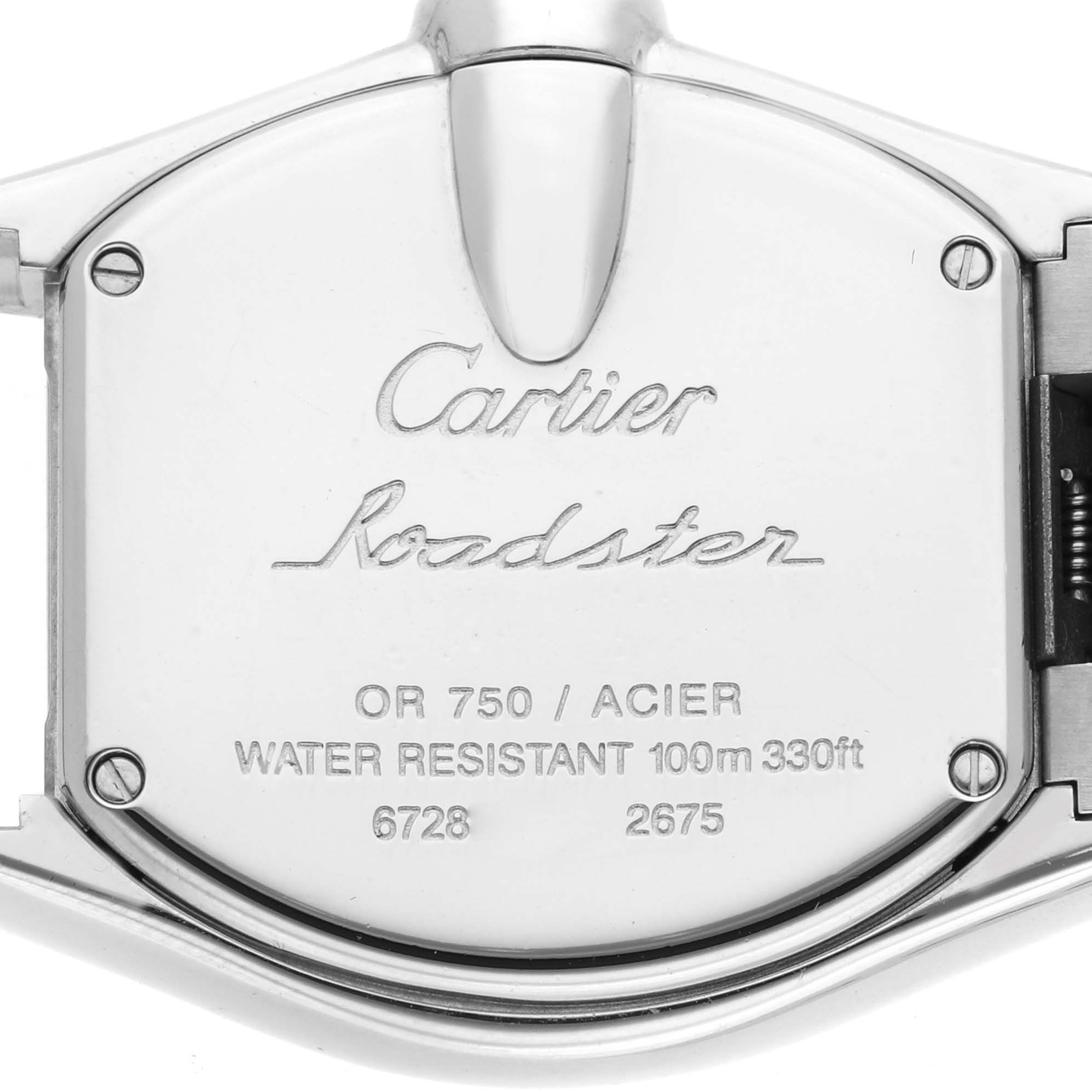 The image shows the back of a Cartier Roadster W62026Y4 Women's Steel and Gold (two tone) Silver Dial watch, displaying engravings and details about water resistance and materials.