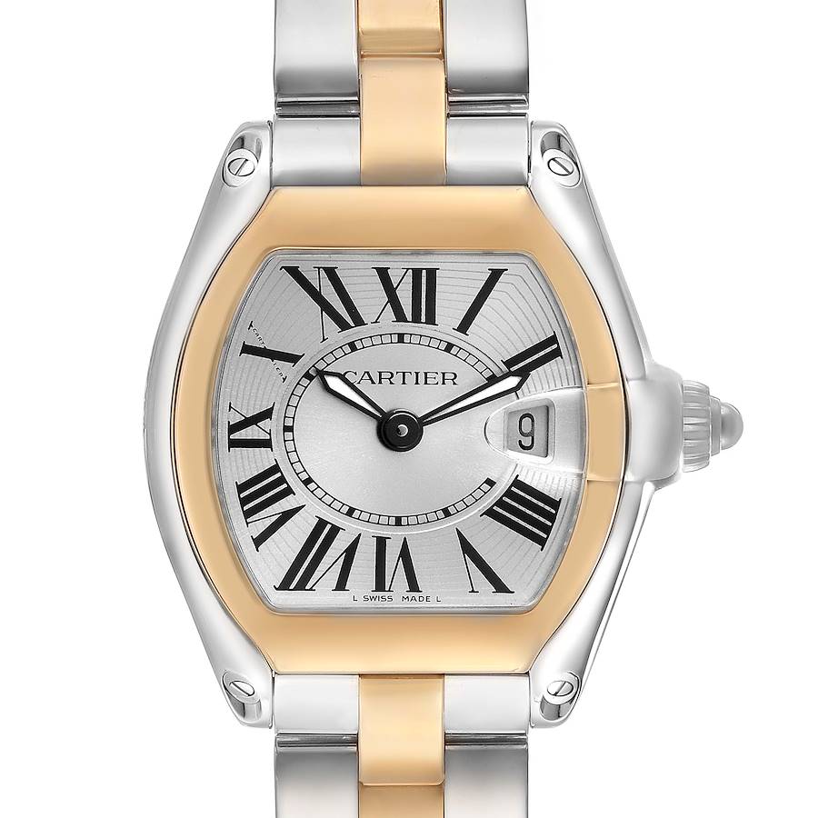 The Cartier Roadster W62026Y4 Women's Steel and Gold (two tone) Silver Dial watch is shown from a front angle, displaying its dial, date window, bezel, and two-tone bracelet.