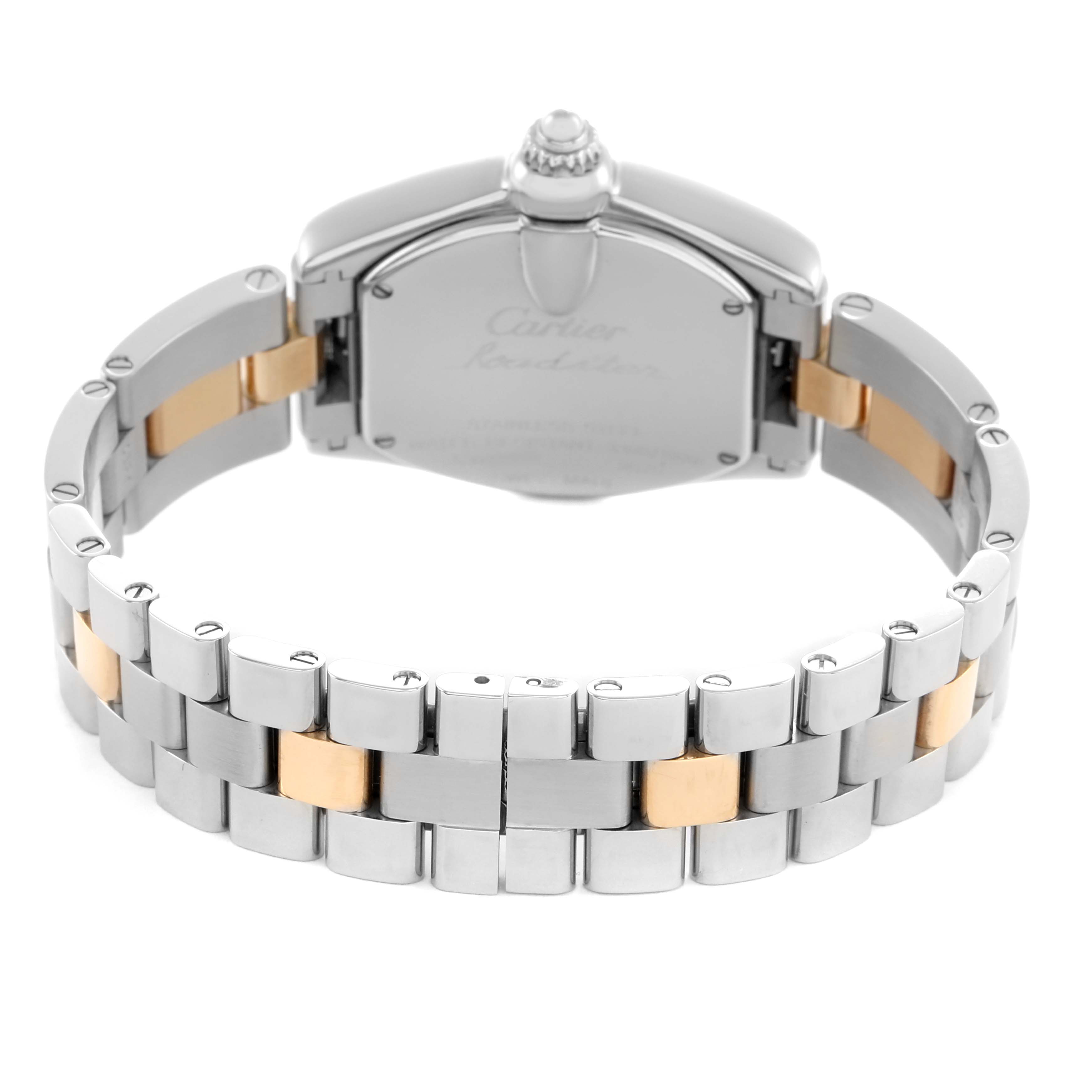 The Cartier Roadster W62026Y4 Women's Steel and Gold (two tone) Silver Dial watch is shown from the back, highlighting the two-tone metal bracelet and the case back.