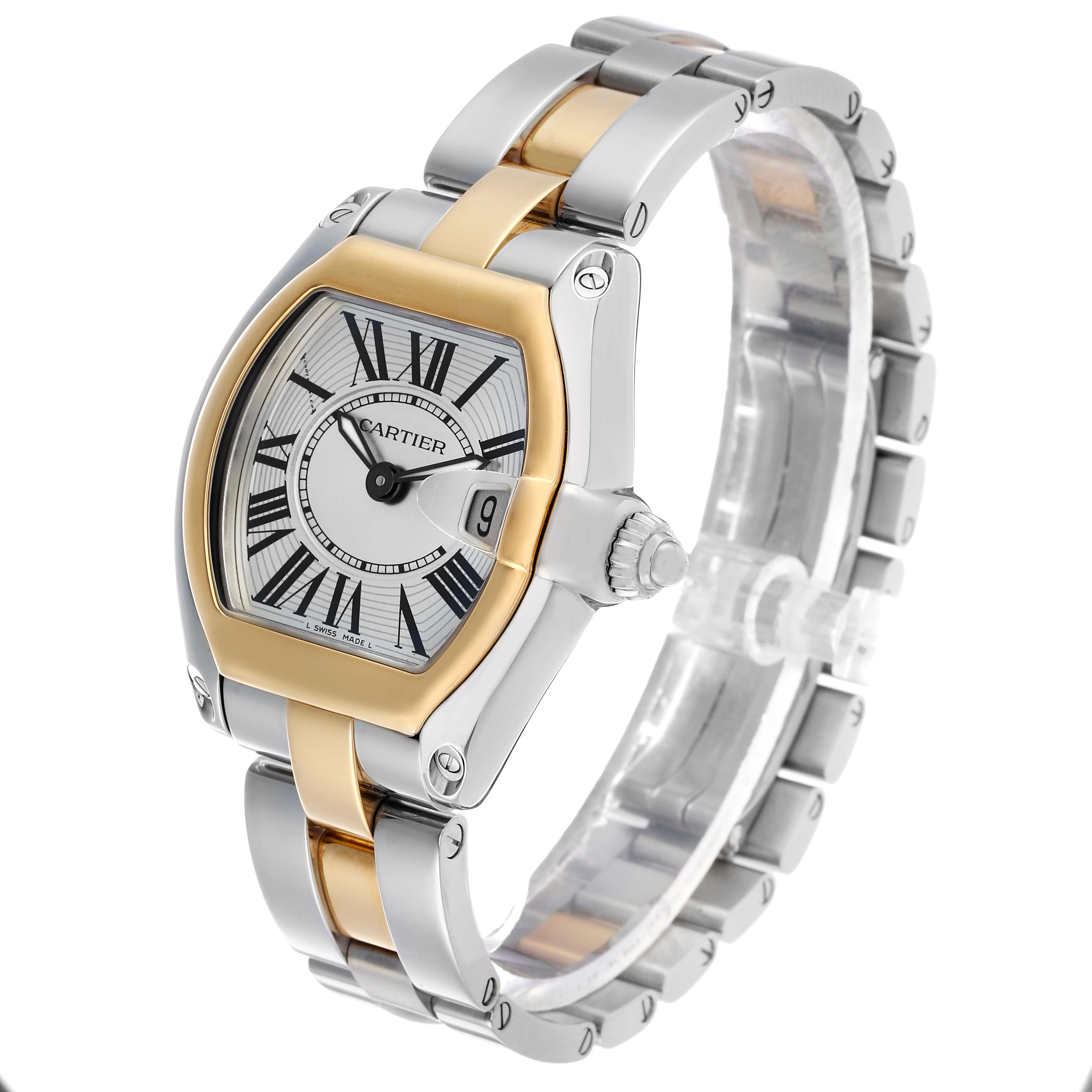 The Cartier Roadster W62026Y4 Women's Steel and Gold (two tone) Silver Dial watch is shown at a three-quarter angle, displaying the face, two-tone bracelet, and side crown.