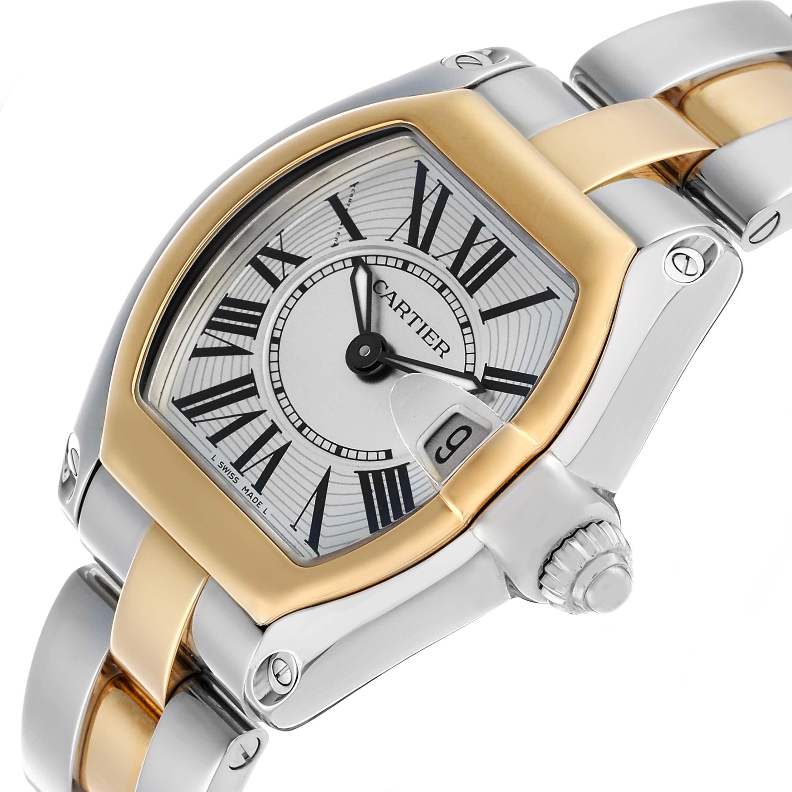 The Cartier Roadster W62026Y4 Women's Steel and Gold (two tone) Silver Dial watch is shown at a three-quarter angle, highlighting the dial, bezel, crown, and part of the bracelet.
