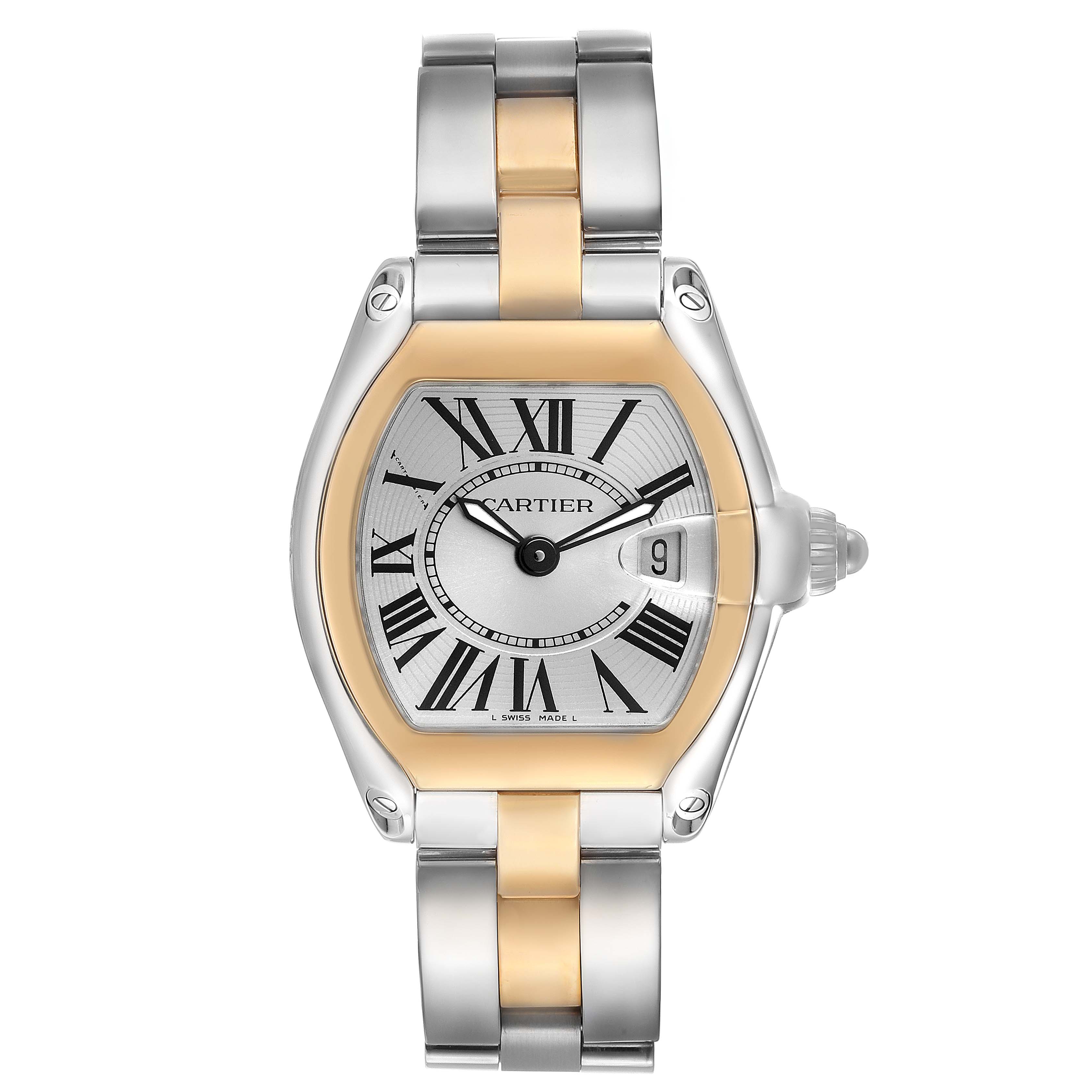The Cartier Roadster W62026Y4 Women's Steel and Gold (two tone) Silver Dial watch is shown from the front, displaying its dial, case, and bracelet.