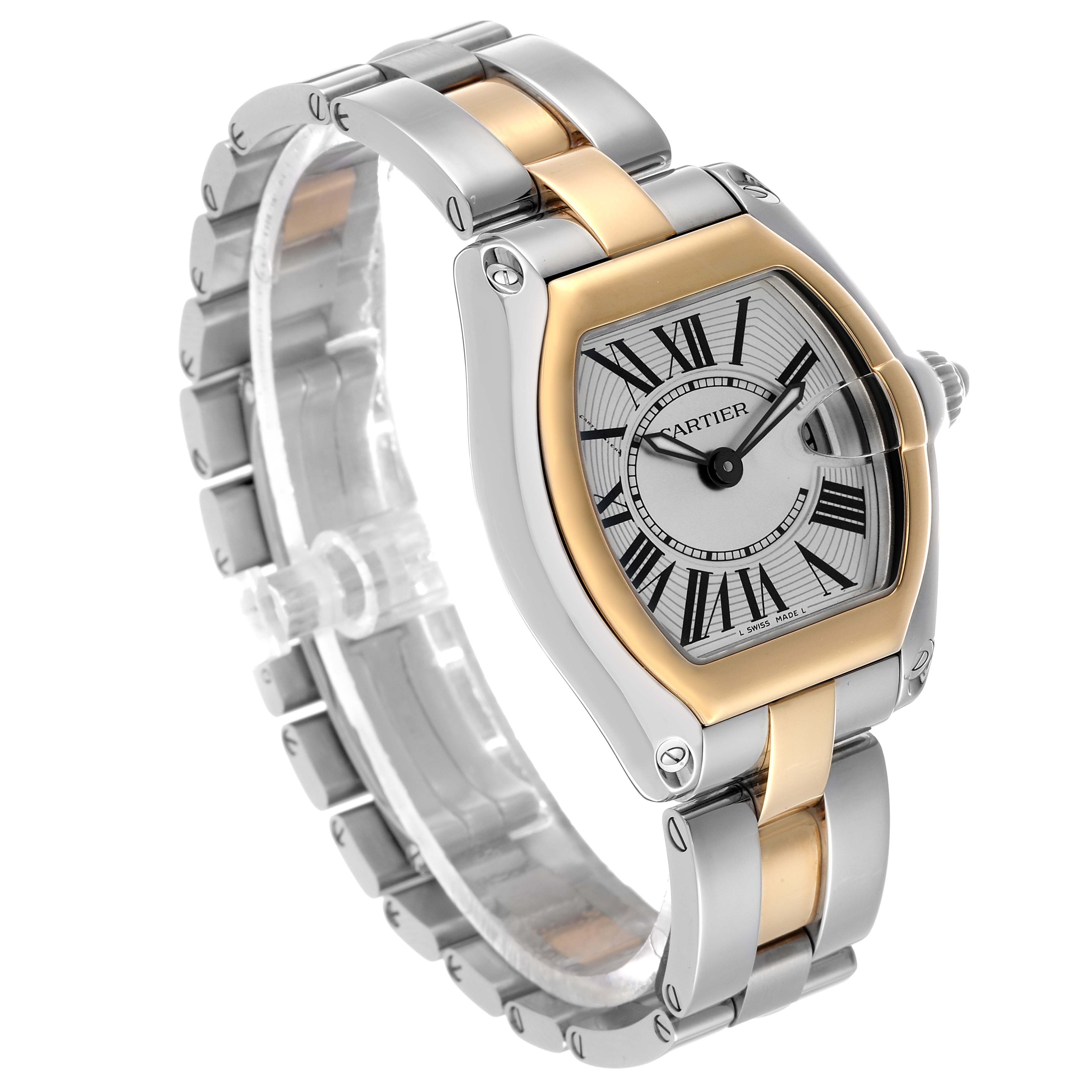 The Cartier Roadster W62026Y4 Women's Steel and Gold (two tone) Silver Dial watch is shown at a three-quarter angle, highlighting its two-tone bracelet and Roman numeral dial.