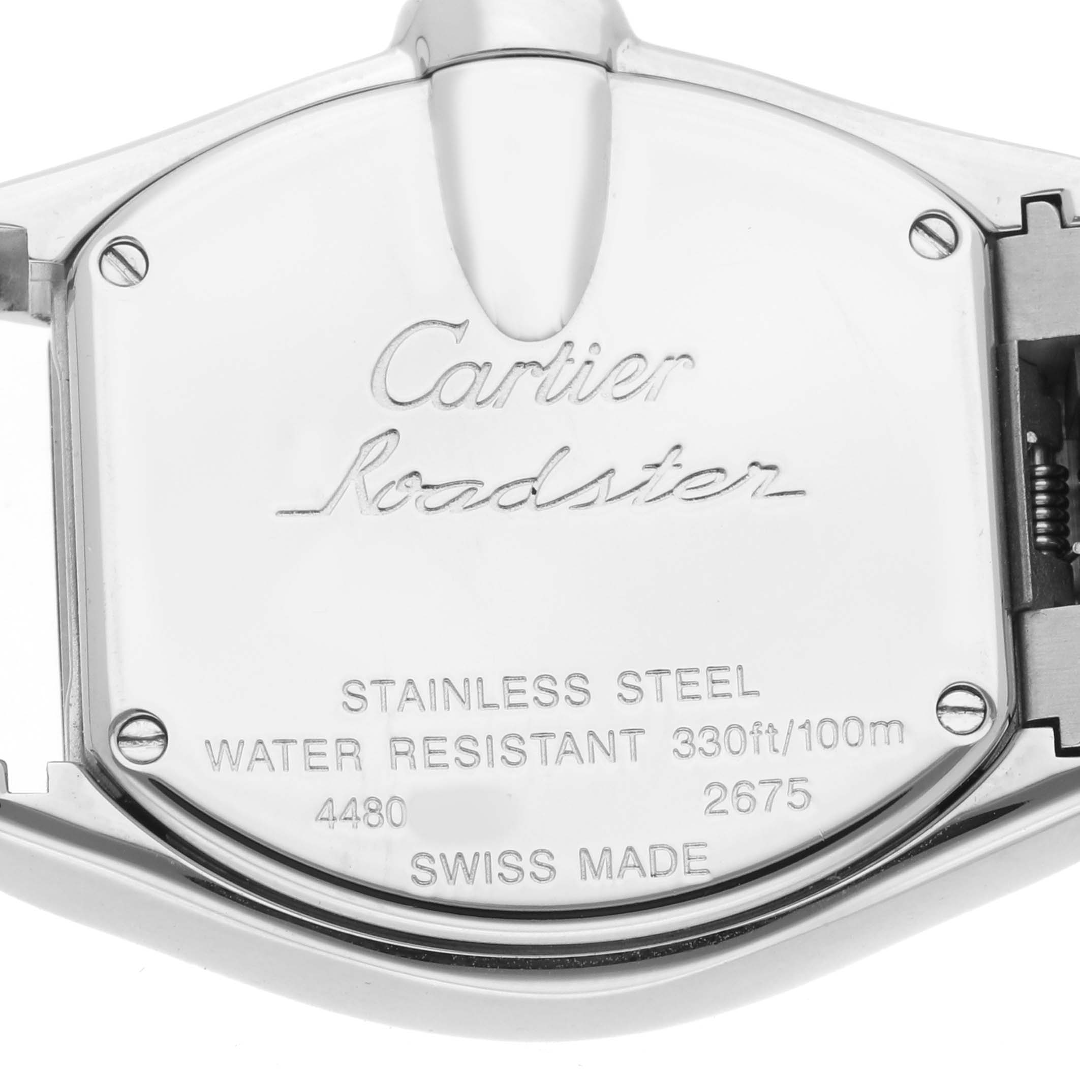The image shows the back case of a Cartier Roadster W62026Y4 Women's Steel and Gold (two tone) Silver Dial watch, highlighting model details and water resistance.