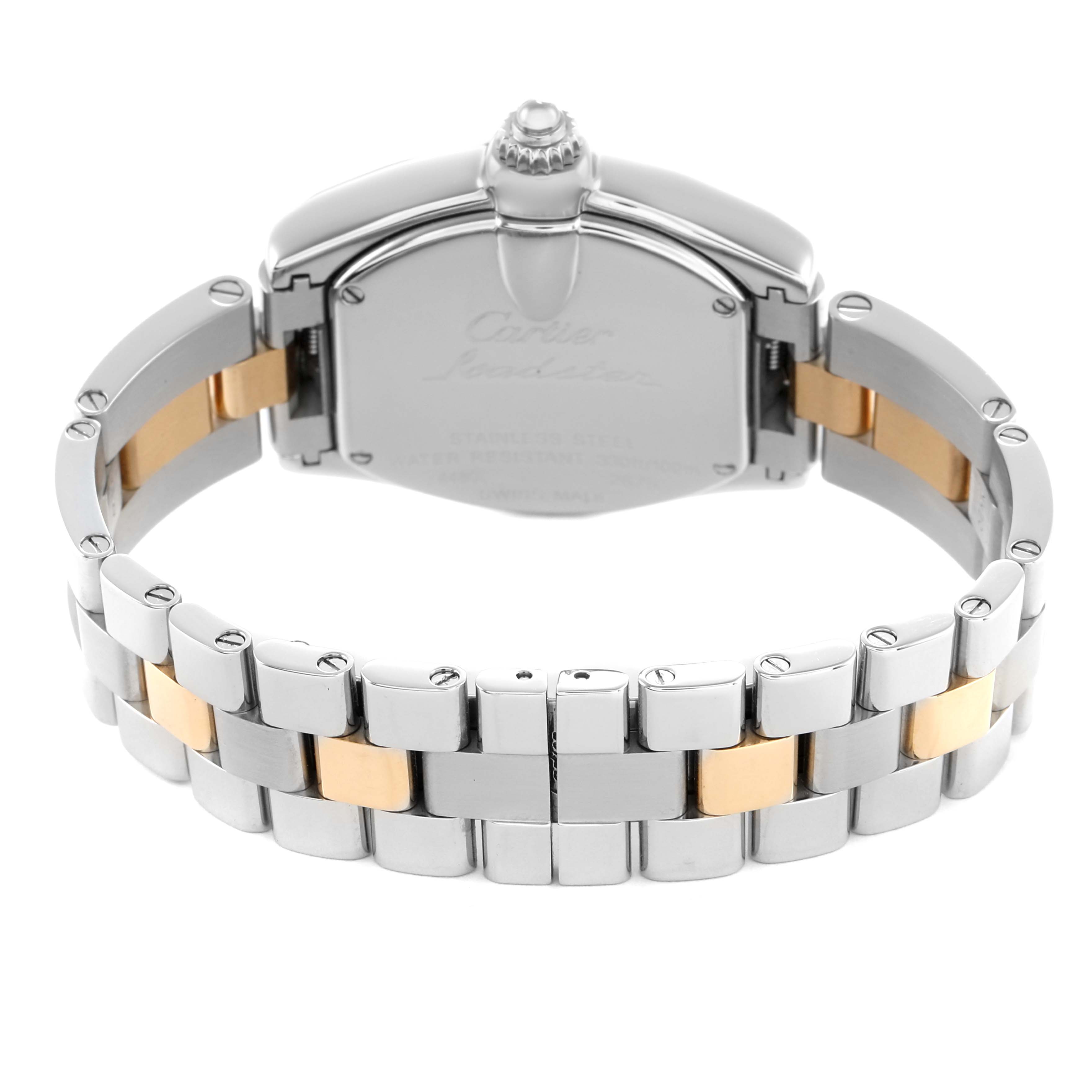 The image shows the back view of a Cartier Roadster W62026Y4 Women's Steel and Gold (two tone) Silver Dial watch, highlighting its stainless steel and gold bracelet.