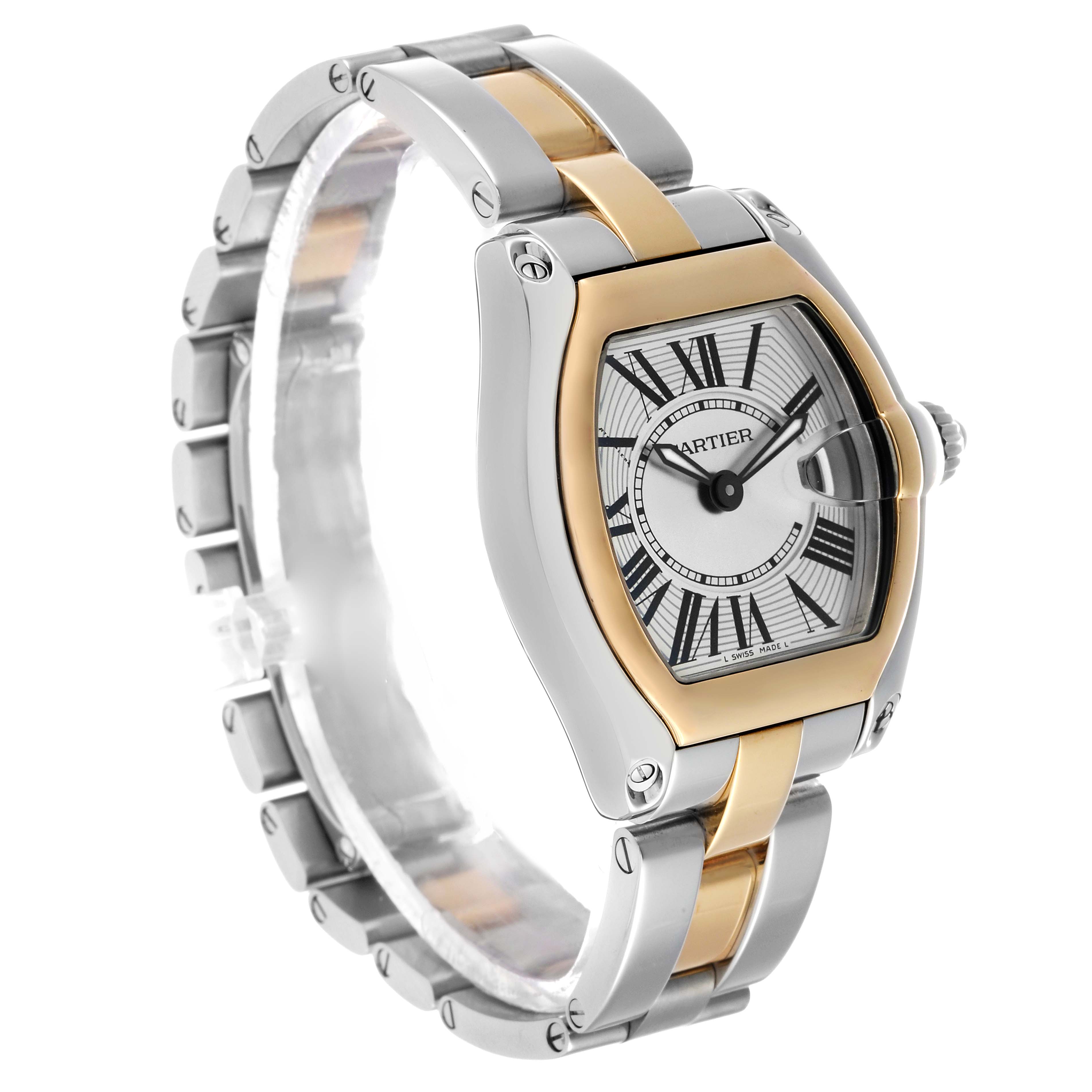 The Cartier Roadster W62026Y4 Women's Steel and Gold (two tone) Silver Dial watch is shown from a side angle, highlighting its two-tone case and bracelet, with a clear view of the dial.