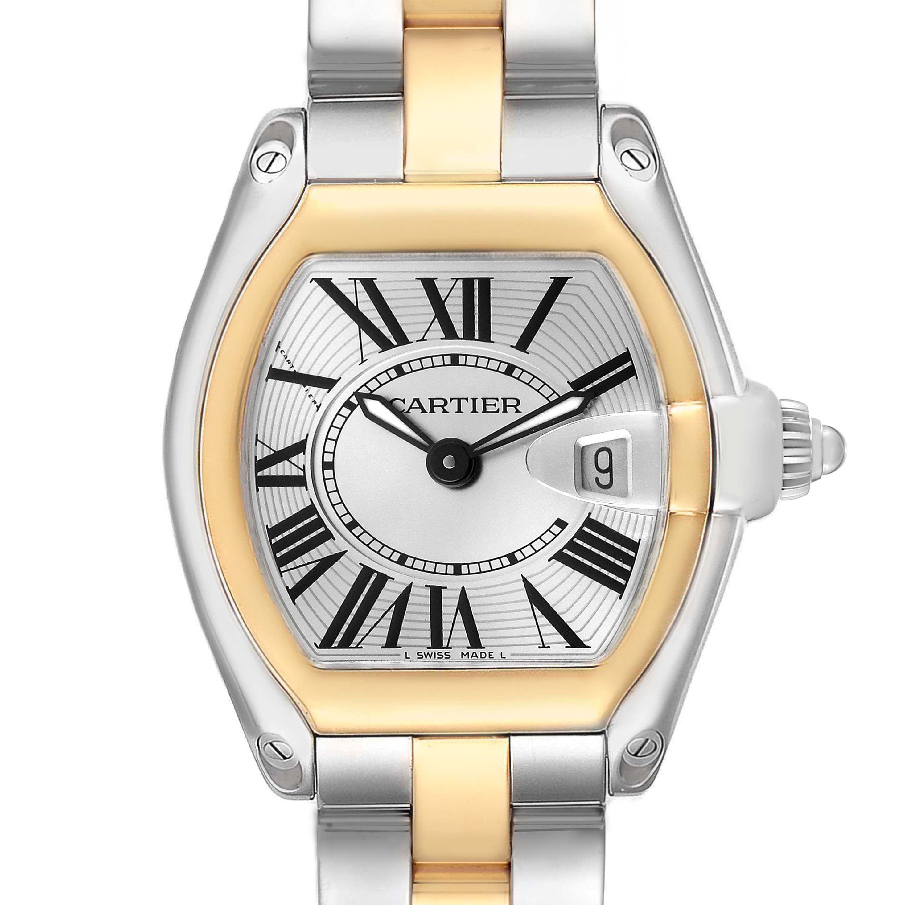 The Cartier Roadster W62026Y4 Women's Steel and Gold (two tone) Silver Dial watch is shown from the front, displaying its face, Roman numerals, and two-tone bracelet.