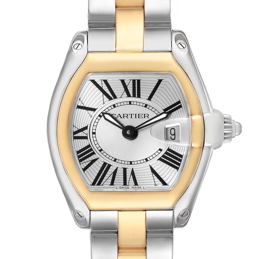 The Cartier Roadster W62026Y4 Women's Steel and Gold (two tone) Silver Dial watch is shown from the front, displaying its face, Roman numerals, and two-tone bracelet.