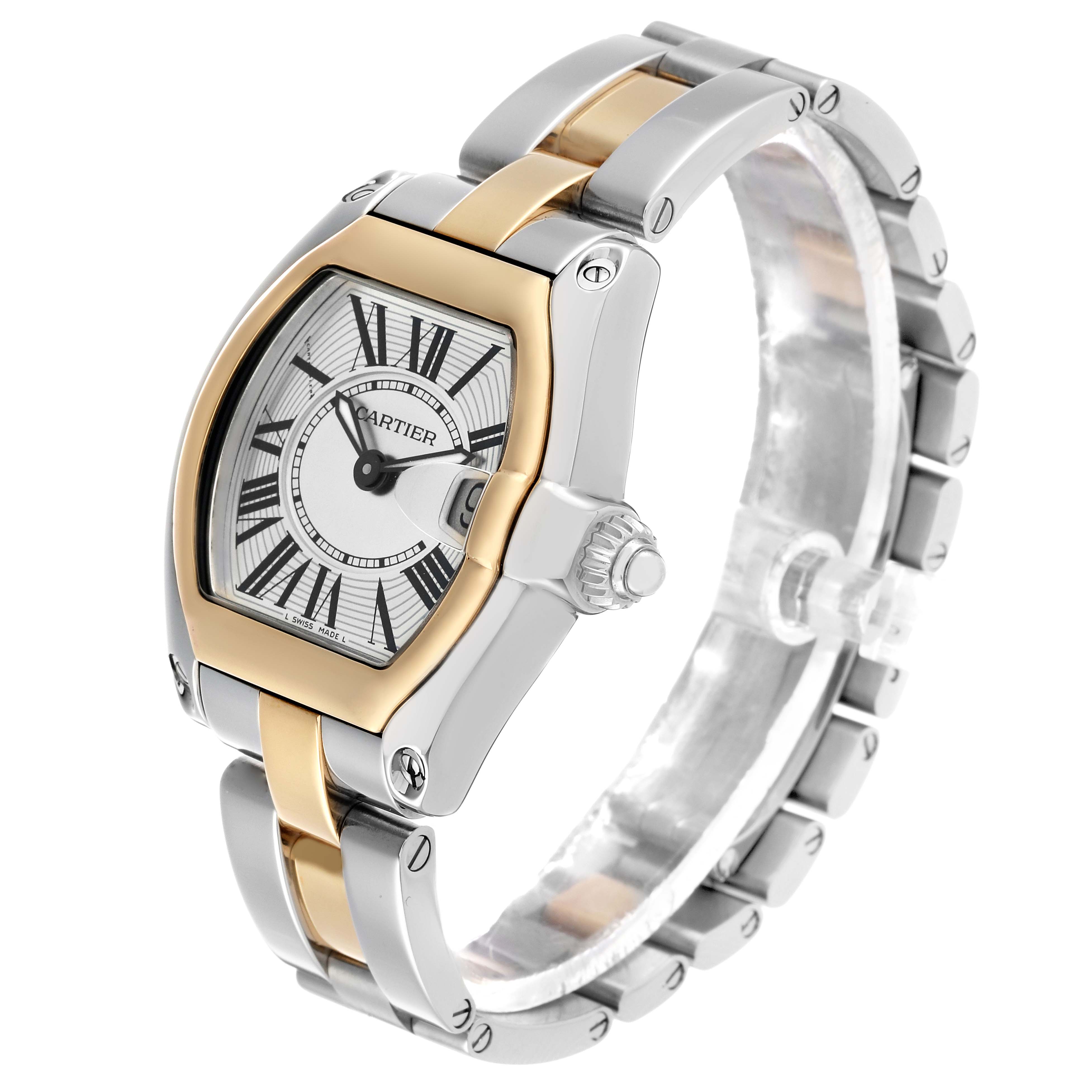 The Cartier Roadster W62026Y4 Women's Steel and Gold (two tone) Silver Dial watch is shown at a three-quarter angle, displaying its face, crown, and bracelet.