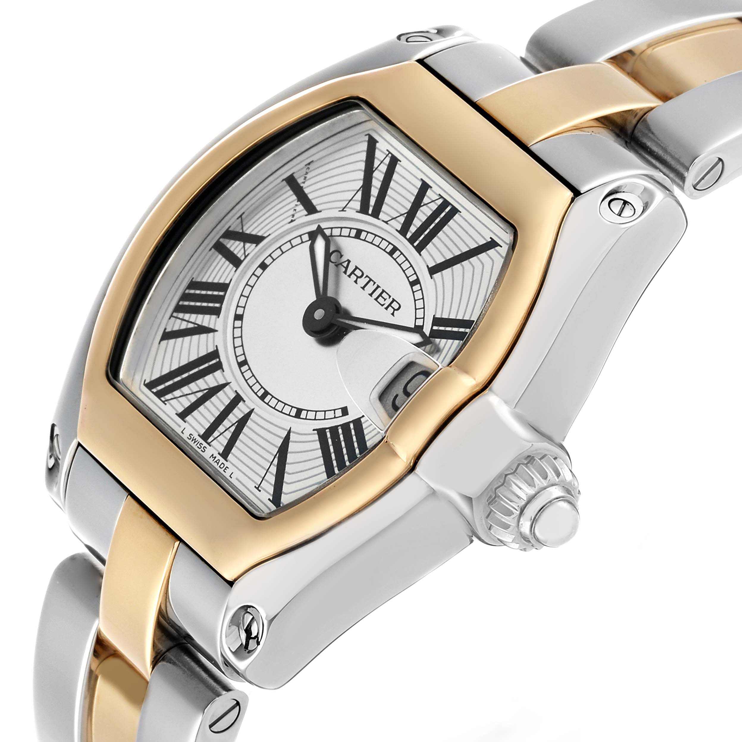 The Cartier Roadster W62026Y4 Women's Steel and Gold (two tone) Silver Dial watch is shown from a three-quarter angle, displaying the dial, bezel, crown, and part of the bracelet.