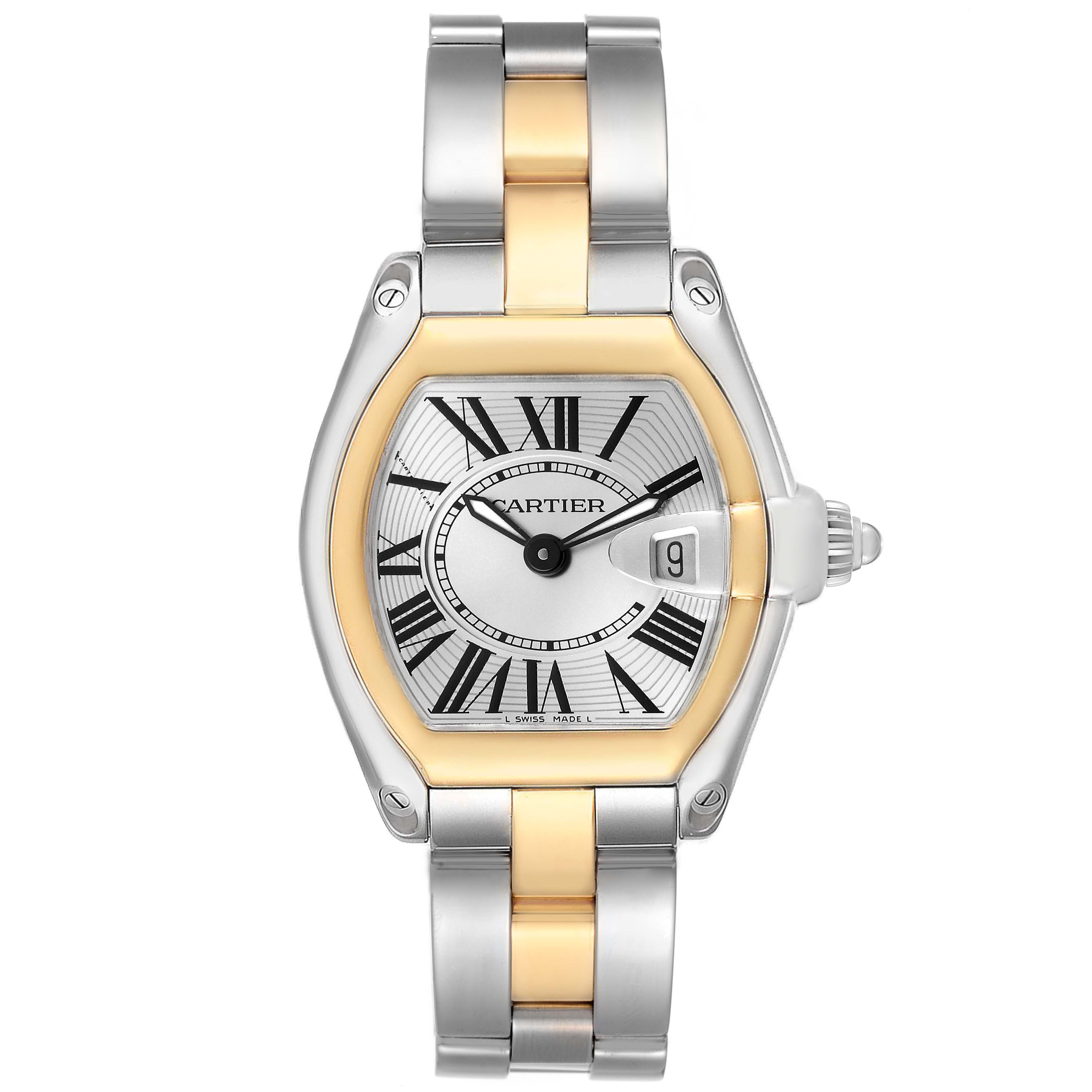 The Cartier Roadster W62026Y4 Women's Steel and Gold (two tone) Silver Dial watch is shown from the front, highlighting its face, case, and bracelet.