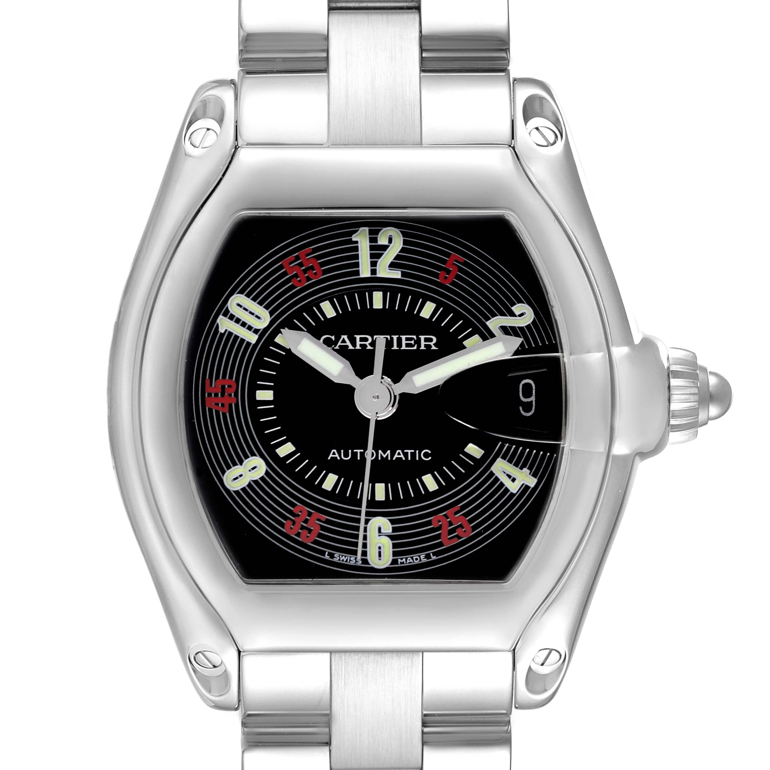 The Cartier Roadster W62002V3 Men's Stainless Steel Black Dial W62002V3 Men's Stainless Steel Black Dial watch is shown from the front, highlighting the face and part of the bracelet.