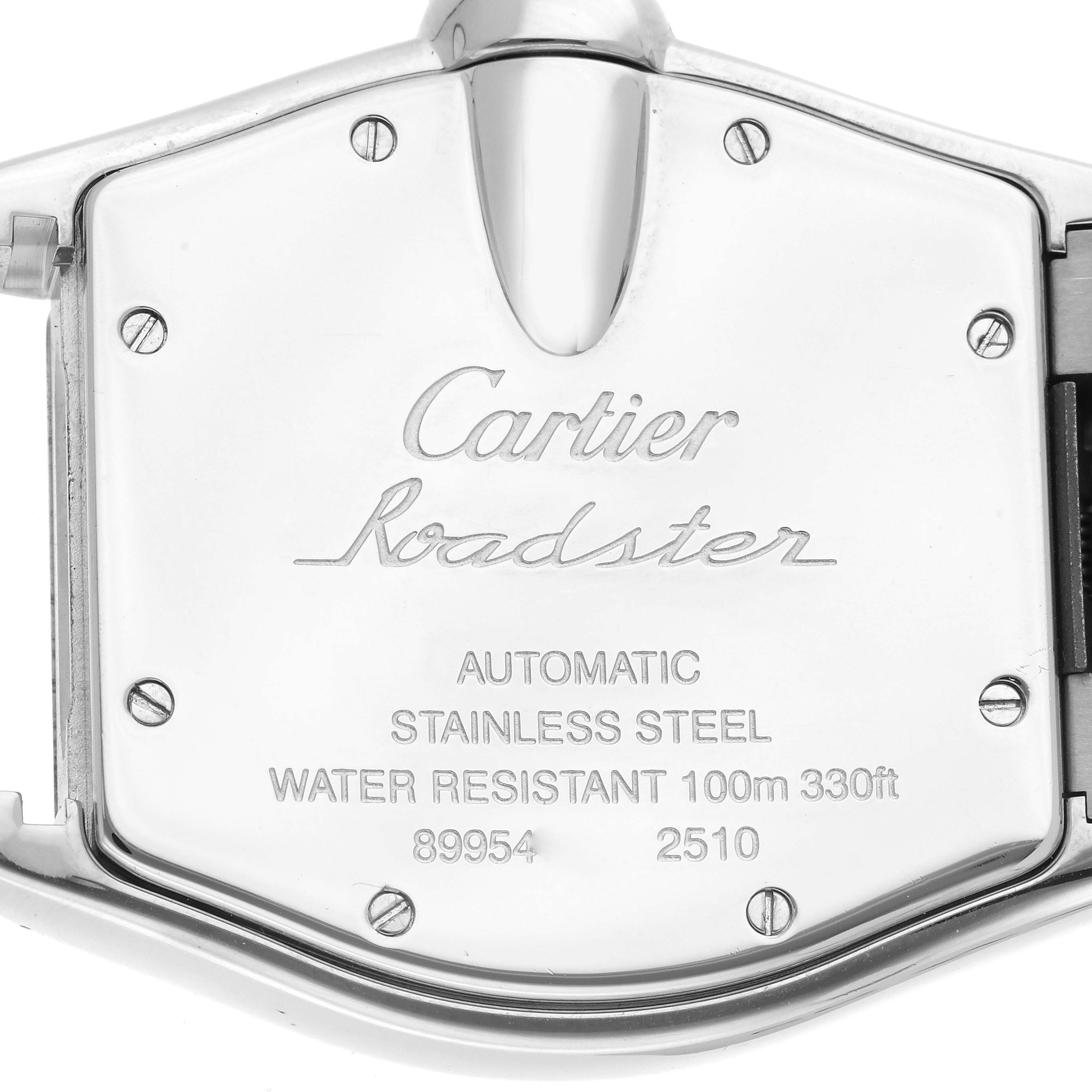 The image shows the back case of a Cartier Roadster W62002V3 Men's Stainless Steel Black Dial W62002V3 Men's Stainless Steel Black Dial watch, highlighting engravings and screws.