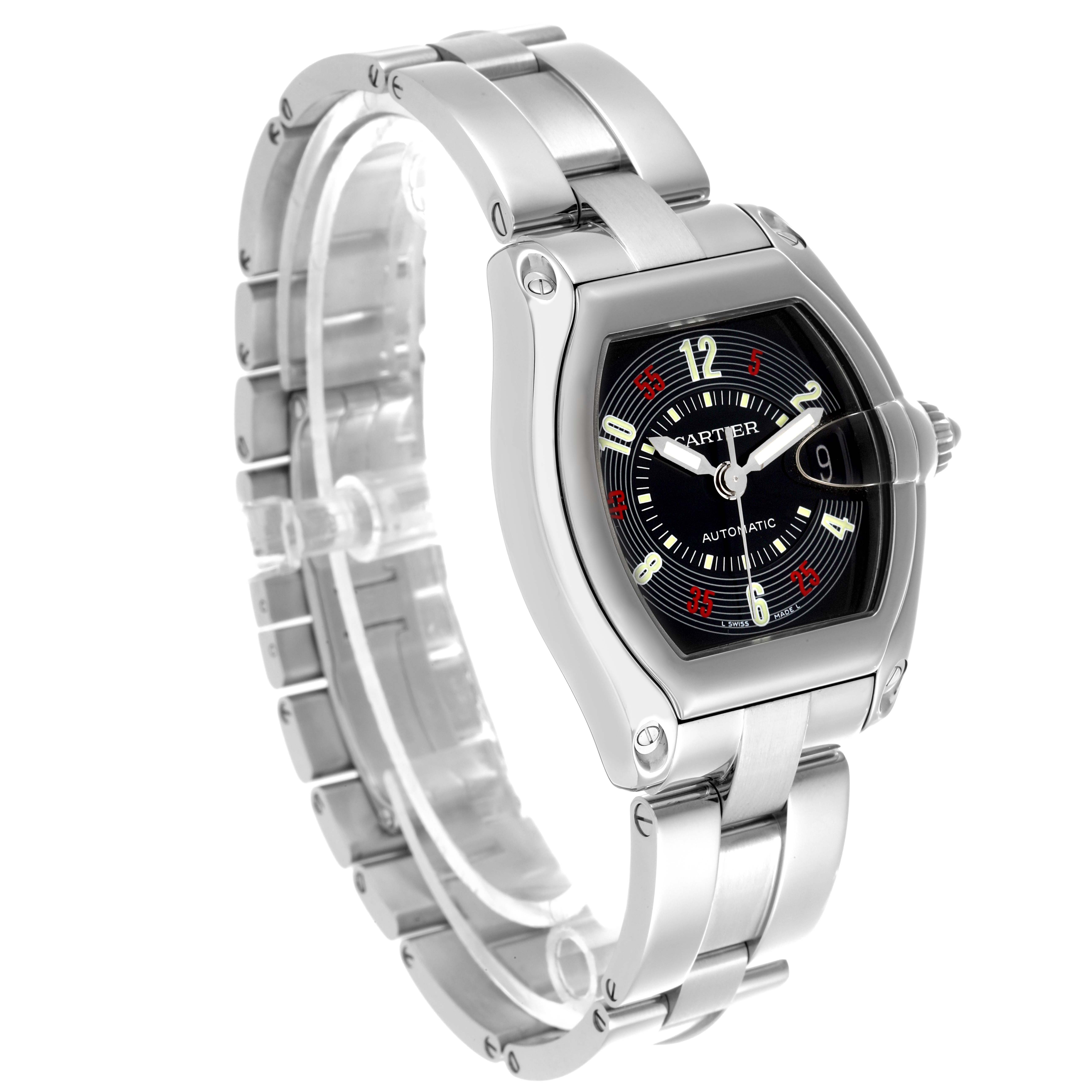 The Cartier Roadster W62002V3 Men's Stainless Steel Black Dial W62002V3 Men's Stainless Steel Black Dial watch is shown at a three-quarter angle, highlighting the face, bezel, and bracelet.
