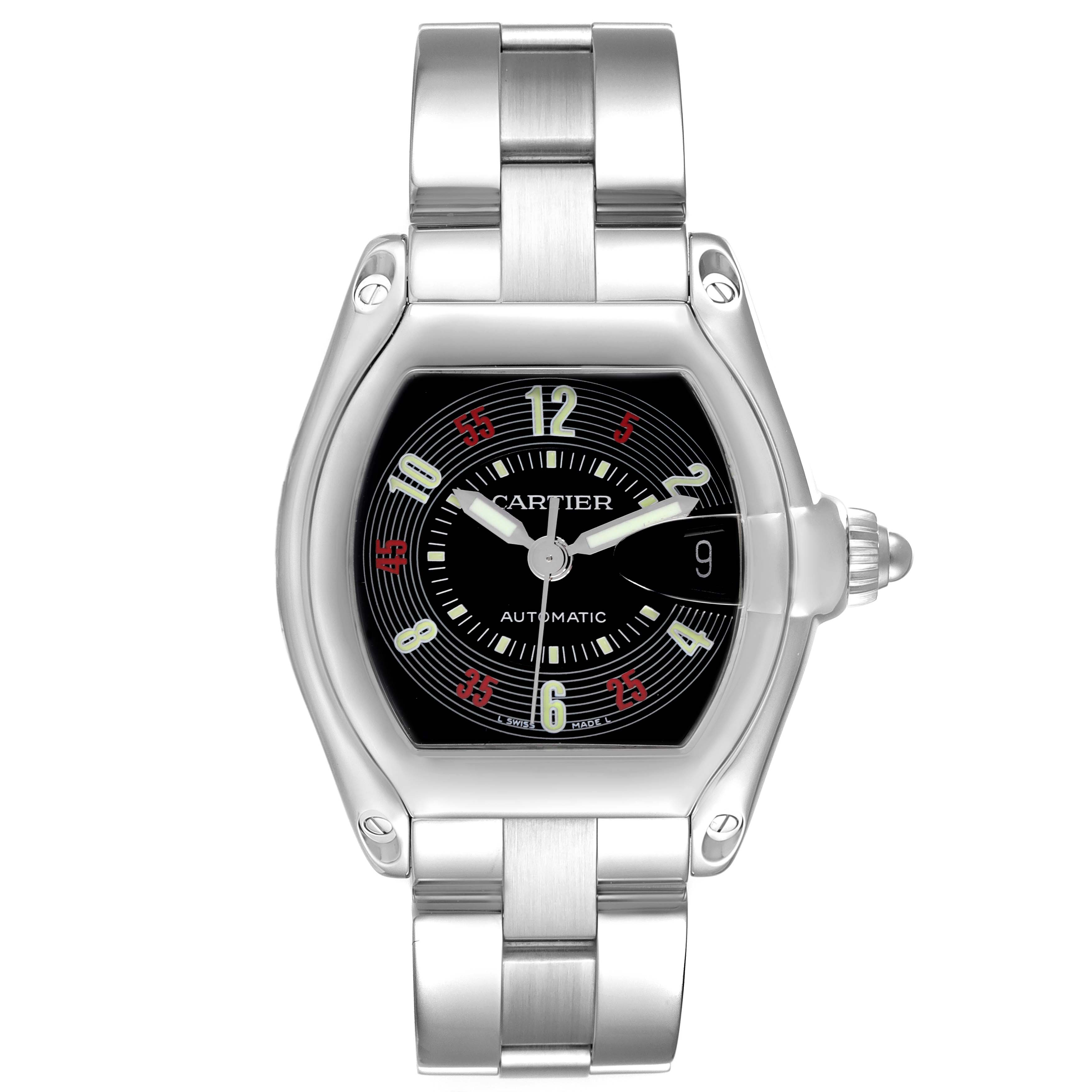 The Cartier Roadster W62002V3 Men's Stainless Steel Black Dial W62002V3 Men's Stainless Steel Black Dial watch is shown from the front, highlighting the face, bezel, and bracelet.