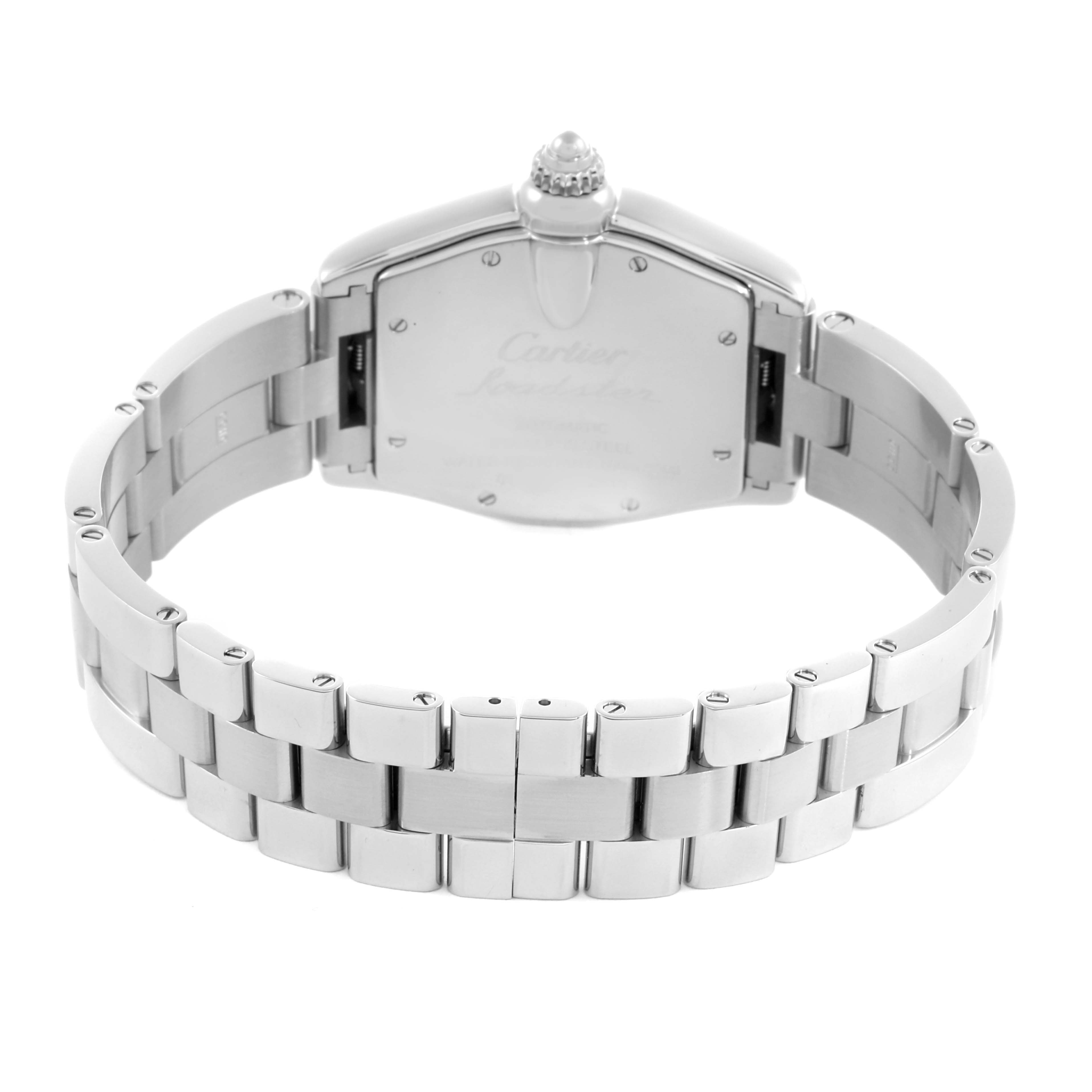 The image shows the back and bracelet of the Cartier Roadster W62002V3 Men's Stainless Steel Black Dial W62002V3 Men's Stainless Steel Black Dial watch, highlighting its clasp and links.