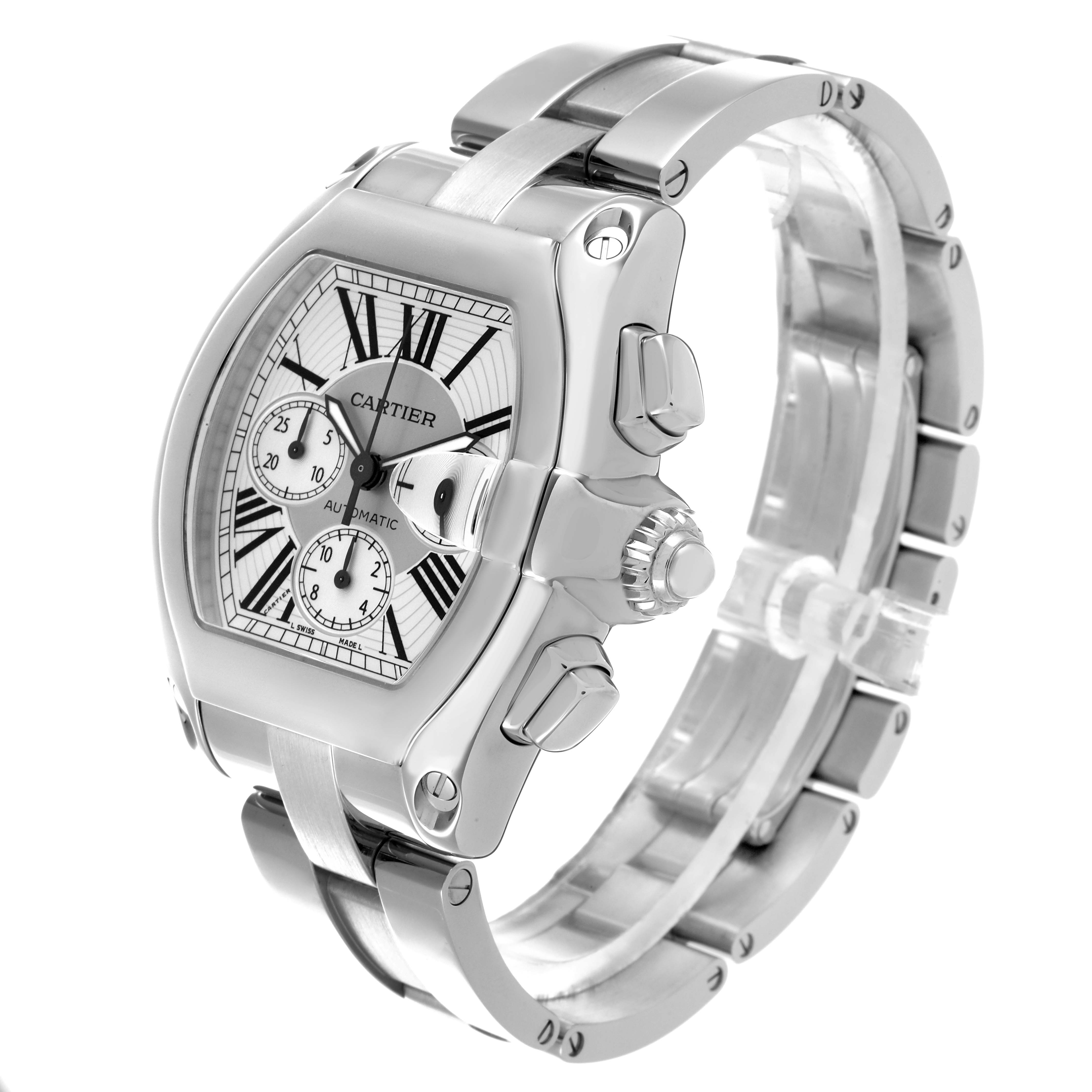 The Cartier Roadster W62019X6 Men's Stainless Steel Silver Dial W62019X6 Men's Stainless Steel Silver Dial watch is shown at an angle highlighting the crown, dial, and partial bracelet.