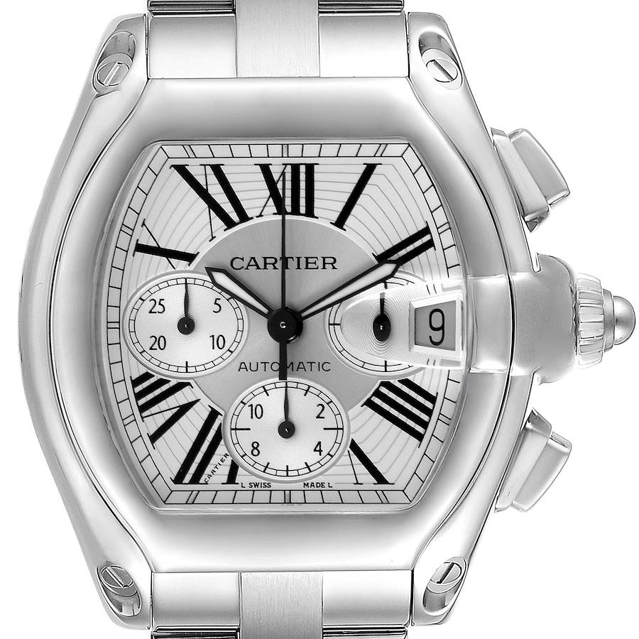 The Cartier Roadster watch is shown from the front, highlighting the face, Roman numerals, subdials, and date window.