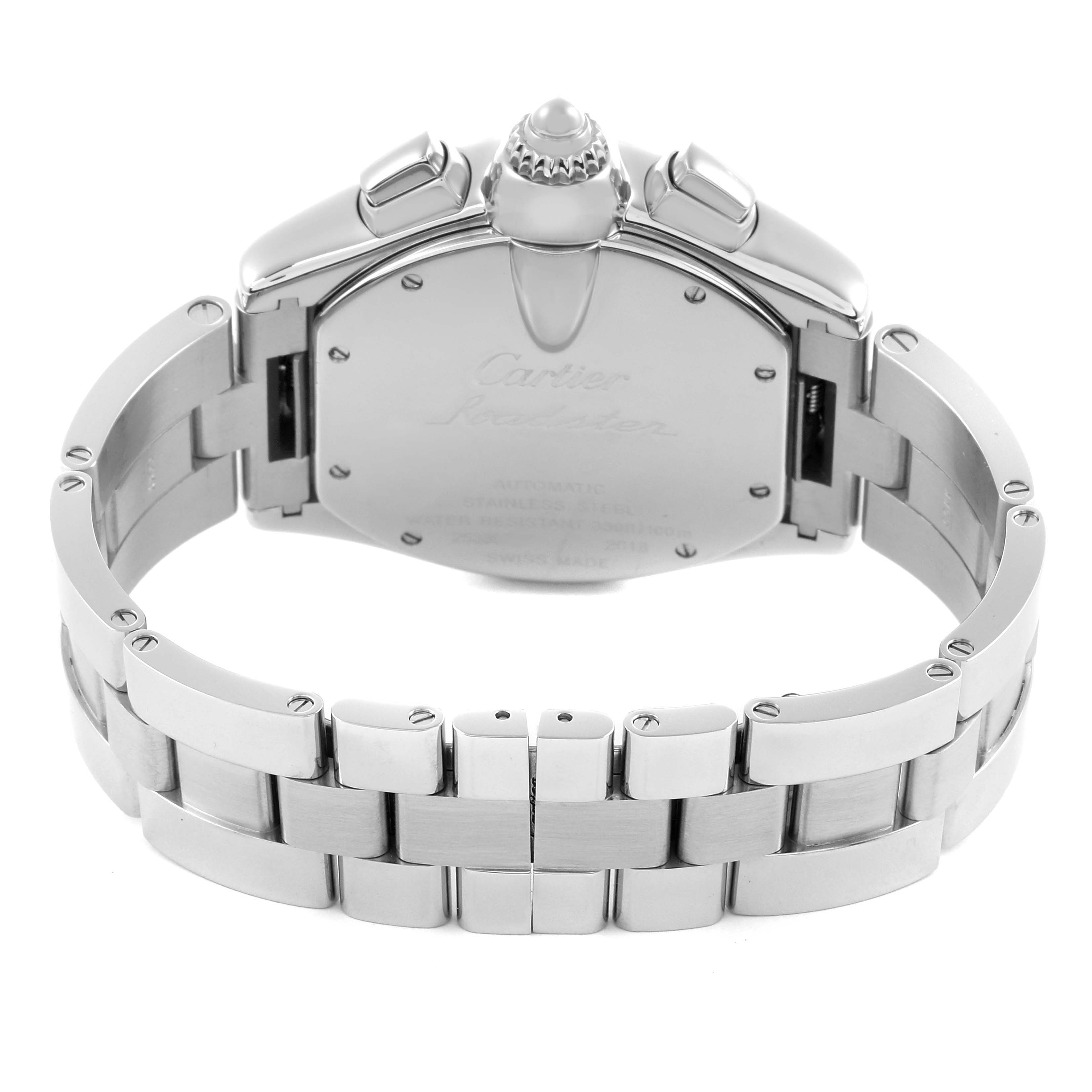 The image shows the back of a Cartier Roadster W62019X6 Men's Stainless Steel Silver Dial W62019X6 Men's Stainless Steel Silver Dial watch, highlighting the case back and bracelet.