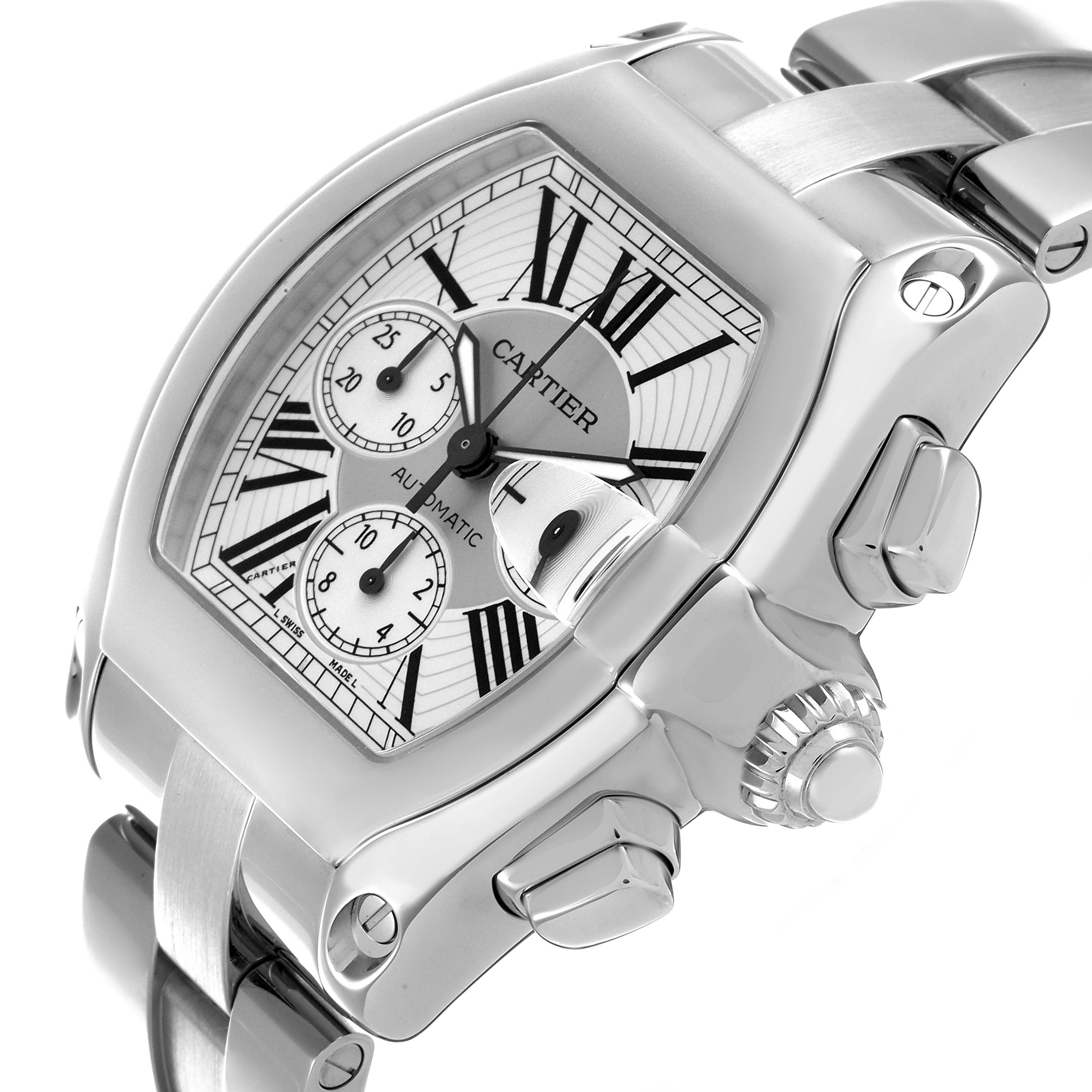 The Cartier Roadster W62019X6 Men's Stainless Steel Silver Dial W62019X6 Men's Stainless Steel Silver Dial model is shown at an angled side view, highlighting its case, dial, crown, and bracelet.