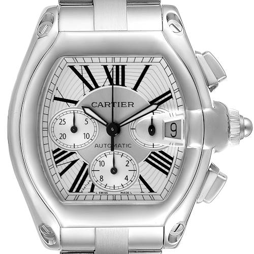 The Cartier Roadster watch is shown from a front angle, displaying the dial, date window, and chronograph subdials.