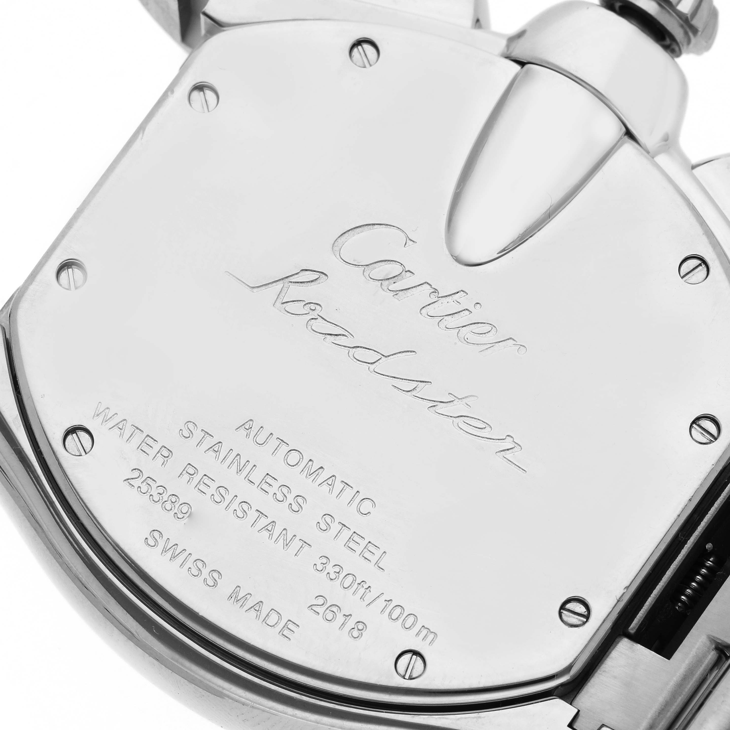 The image shows the back of a Cartier Roadster W62019X6 Men's Stainless Steel Silver Dial W62019X6 Men's Stainless Steel Silver Dial watch, highlighting engravings and the stainless steel case.