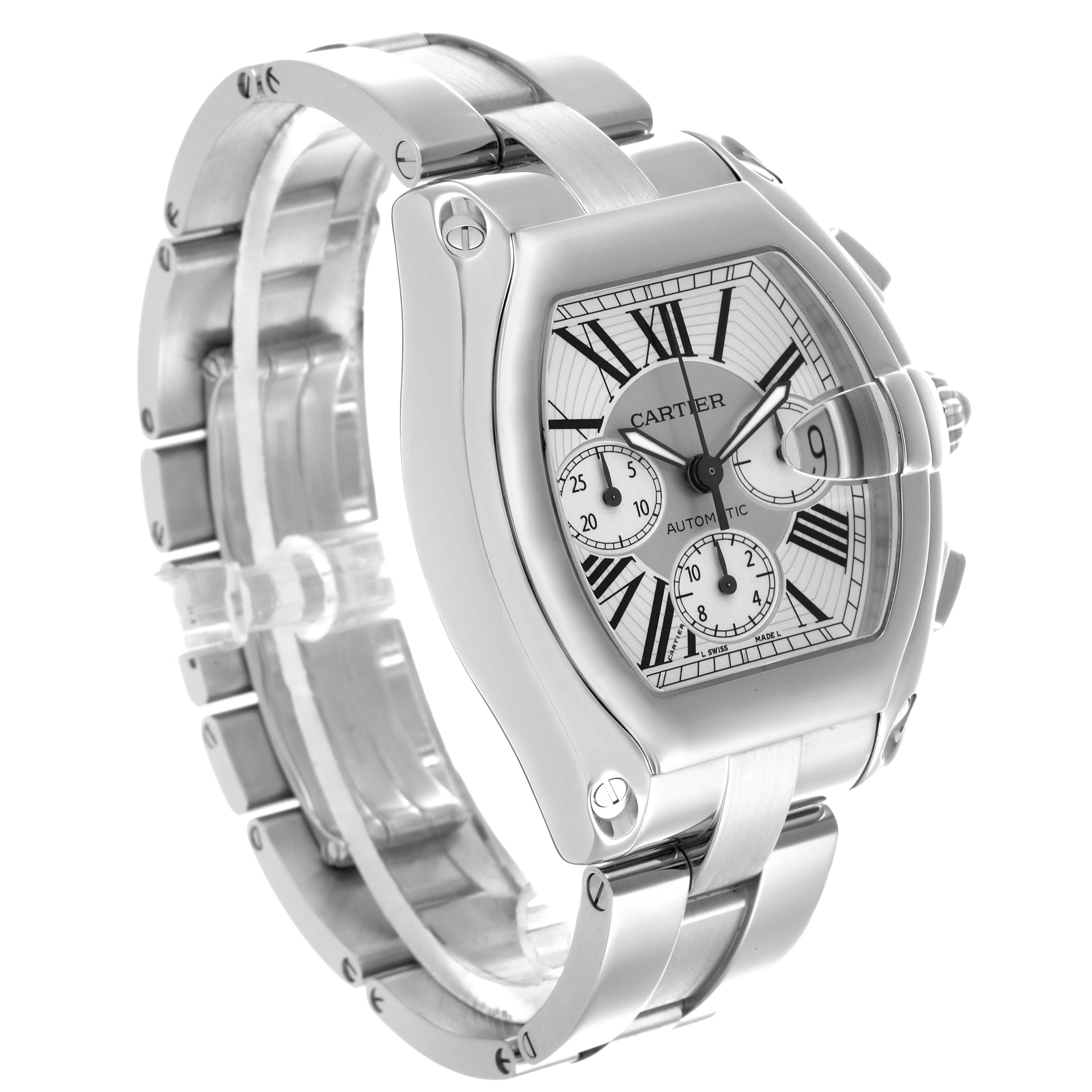 The Cartier Roadster W62019X6 Men's Stainless Steel Silver Dial W62019X6 Men's Stainless Steel Silver Dial watch is shown at a three-quarter angle, highlighting the face, bracelet, and side profile.