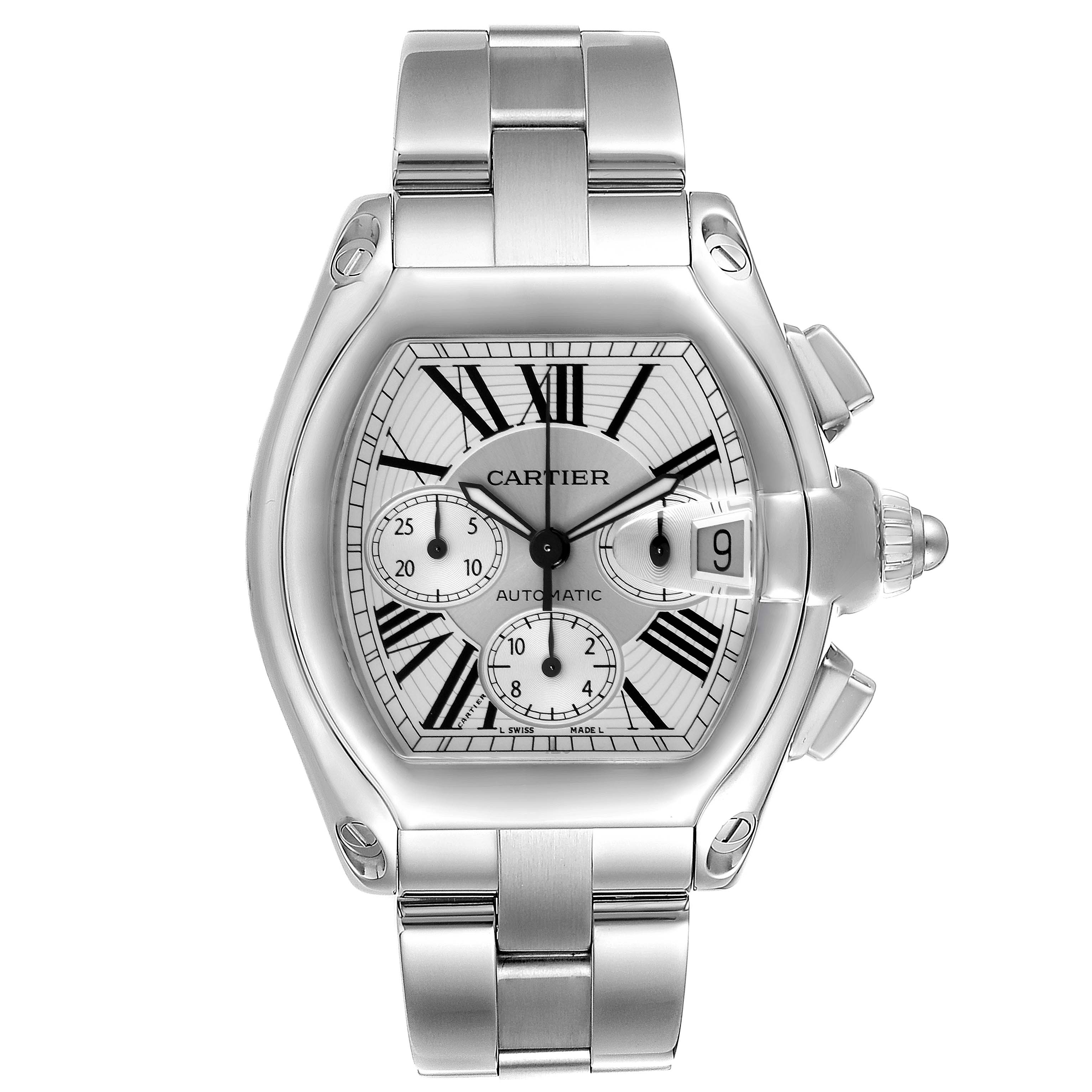 The Cartier Roadster W62019X6 Men's Stainless Steel Silver Dial W62019X6 Men's Stainless Steel Silver Dial watch is shown from the front, highlighting the face, bracelet, and crown details.