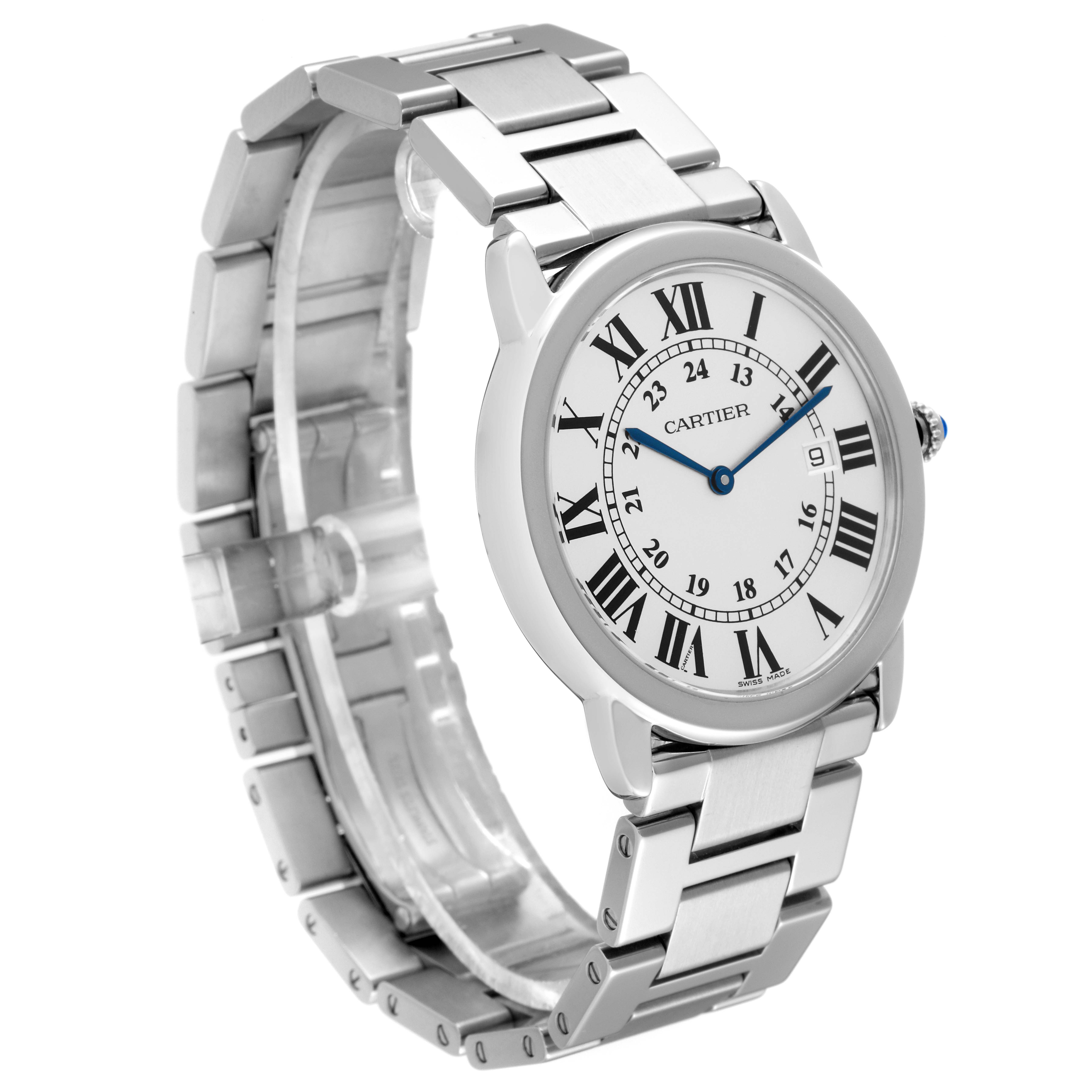 This image shows a Cartier Ronde W6701005 Men
s Stainless Steel Silver Dial W6701005 Men
s Stainless Steel Silver Dial watch at a three-quarter angle highlighting the face, metal bracelet, and crown.