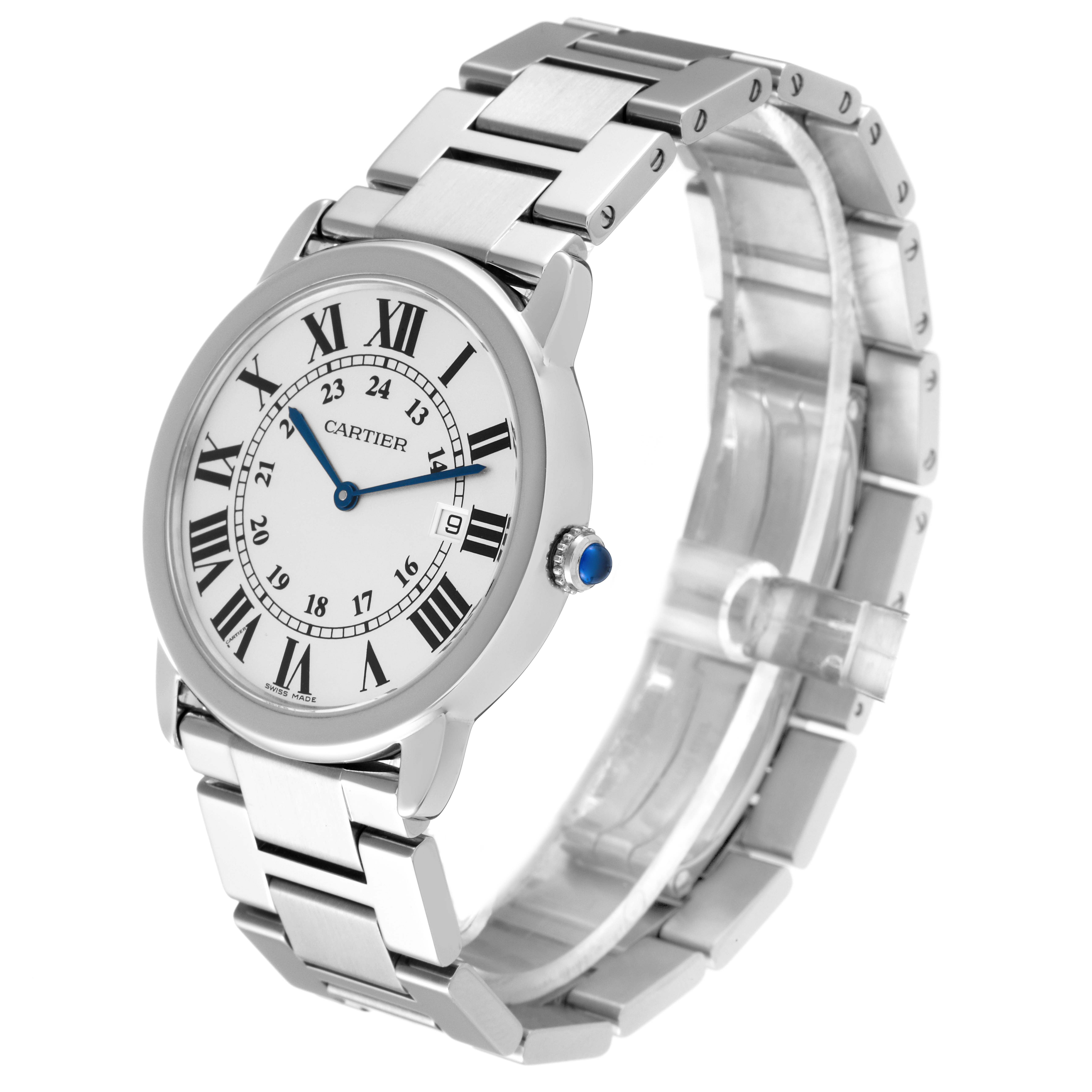 The image shows a Cartier Ronde W6701005 Men
s Stainless Steel Silver Dial W6701005 Men
s Stainless Steel Silver Dial watch at a slight angle, displaying its face, bezel, crown, and metal bracelet.