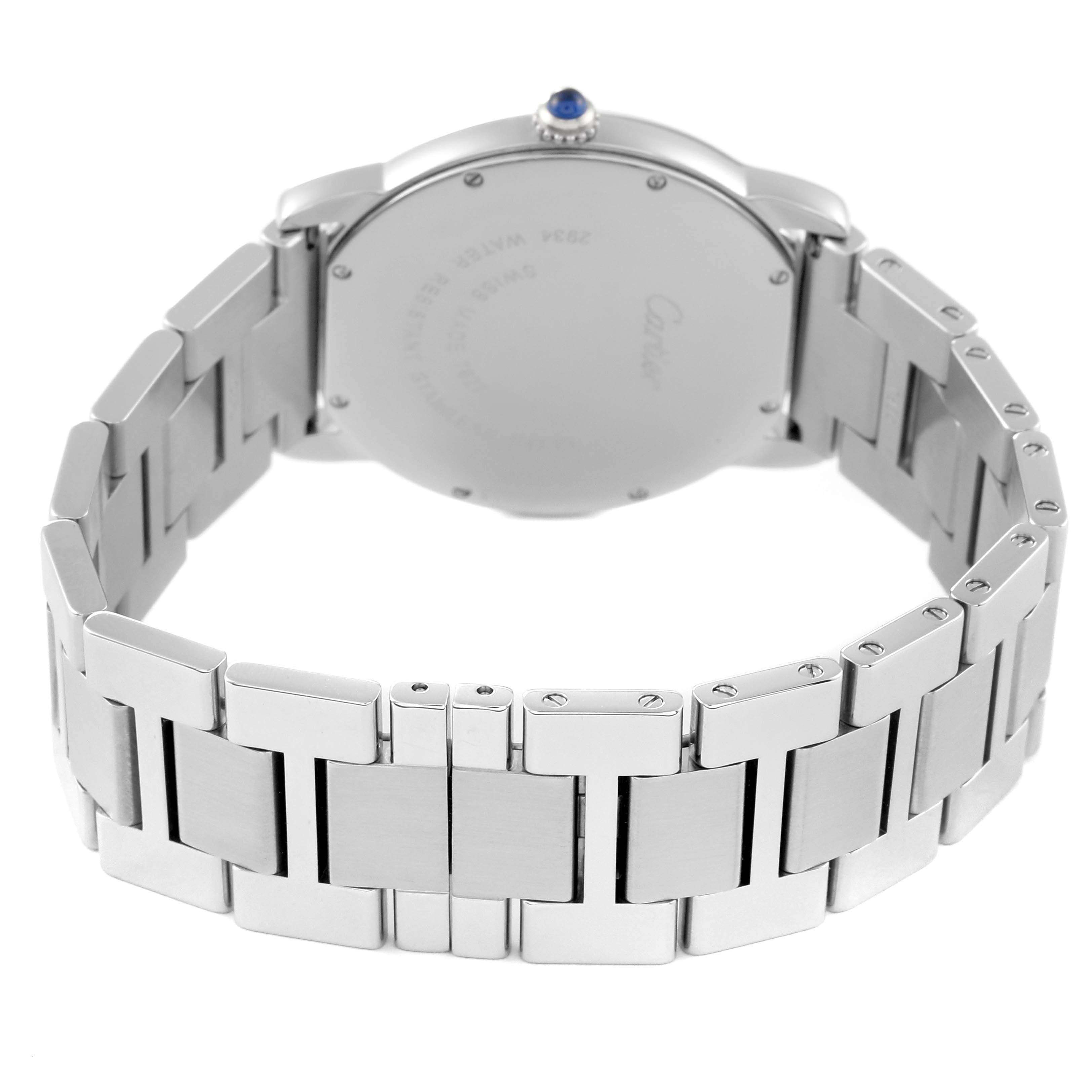 This image shows the back view of the Cartier Ronde W6701005 Men
s Stainless Steel Silver Dial W6701005 Men
s Stainless Steel Silver Dial model watch, highlighting its stainless steel bracelet and case back.